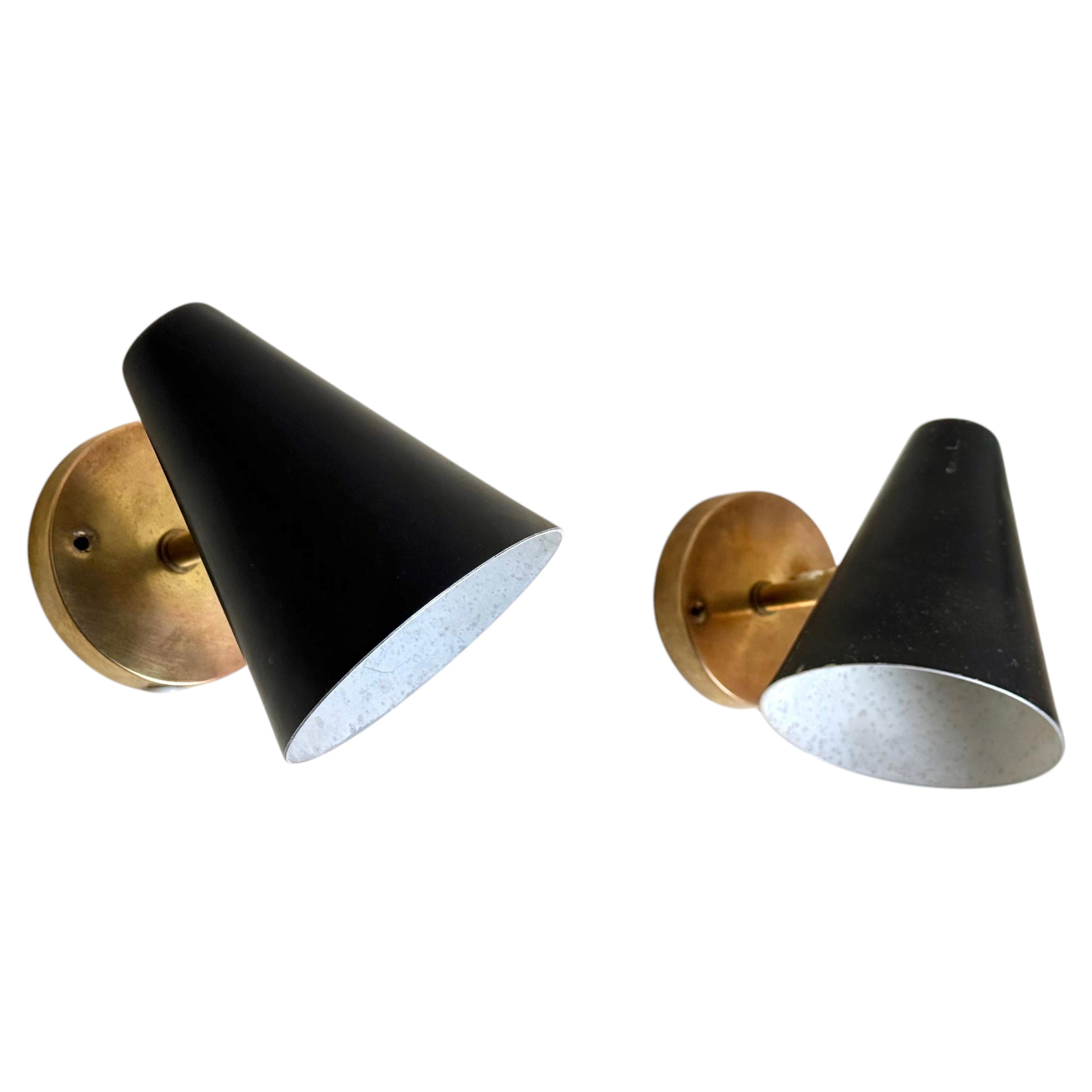 Pair of Scandinavian Modern Wall Lamps, 1960s Adjustable Cone Shades in Black