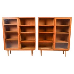 Pair of Scandinavian modern white oak bookcases with single glass doors