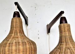 Pair of Scandinavian Modern Wicker and Teak Swing Arm Wall Lights