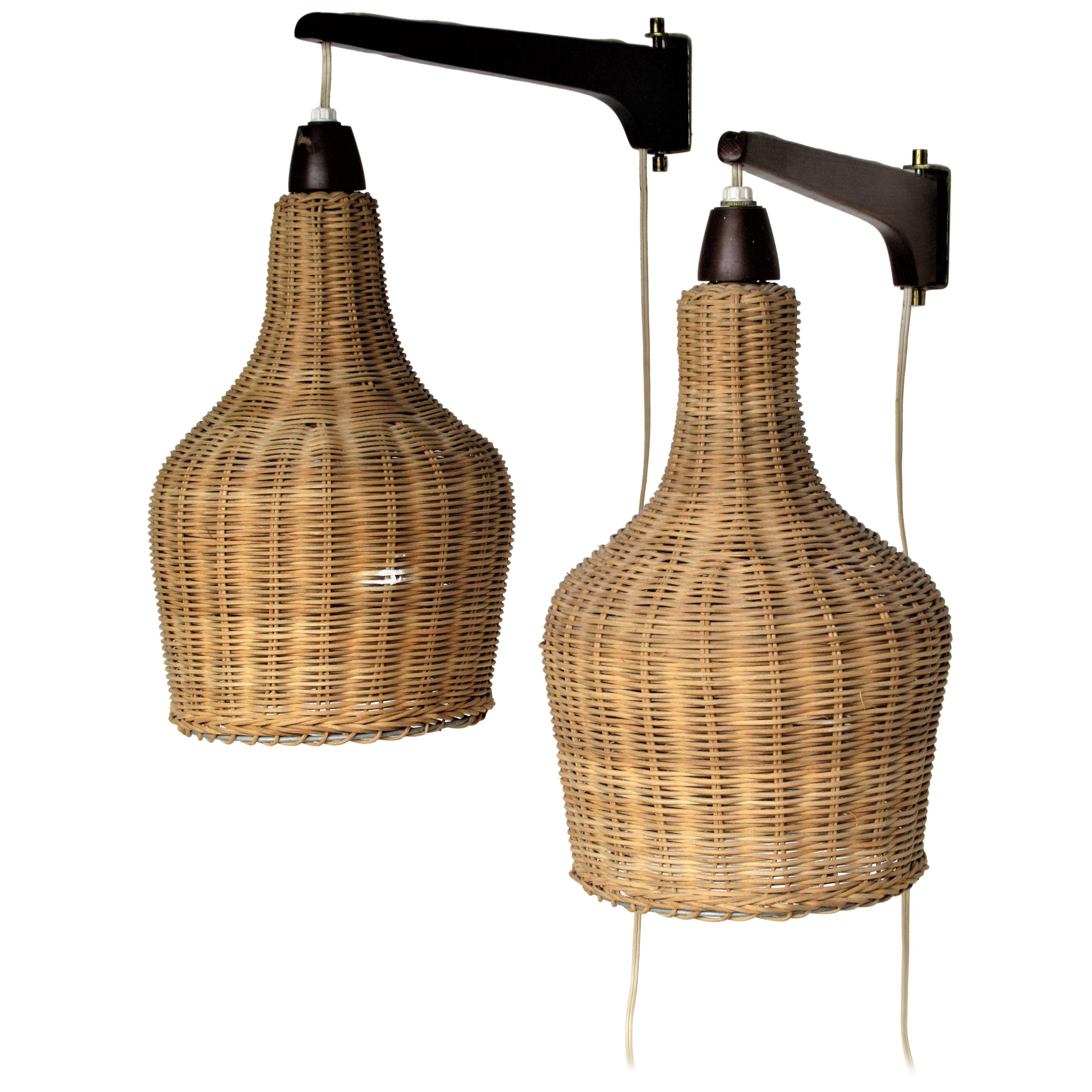 Pair of Scandinavian Modern Wicker and Teak Swing Arm Wall Lights