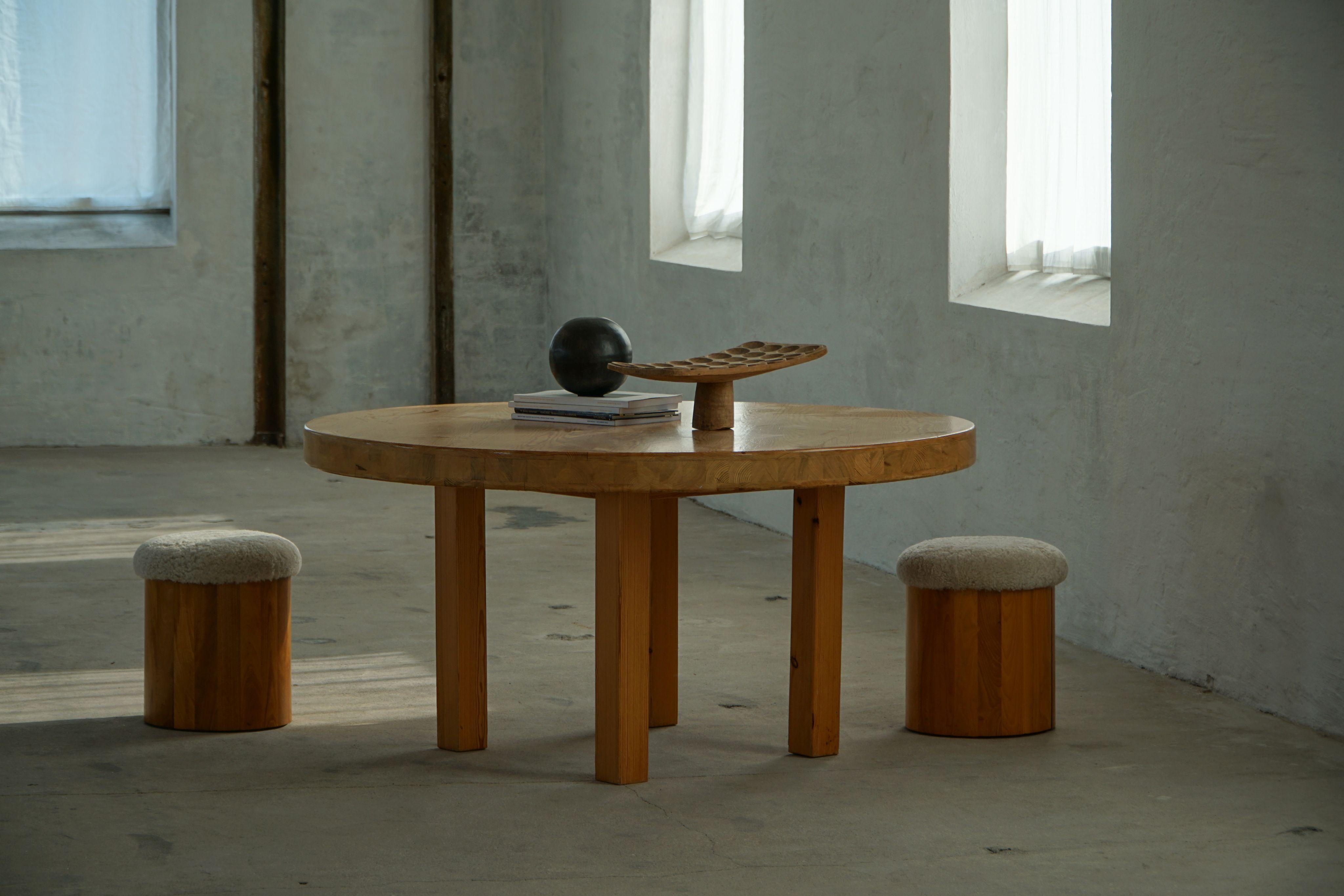 Pair of Scandinavian Modern Wooden Stools with Lambswool Seats, Mid-20th Century For Sale 4