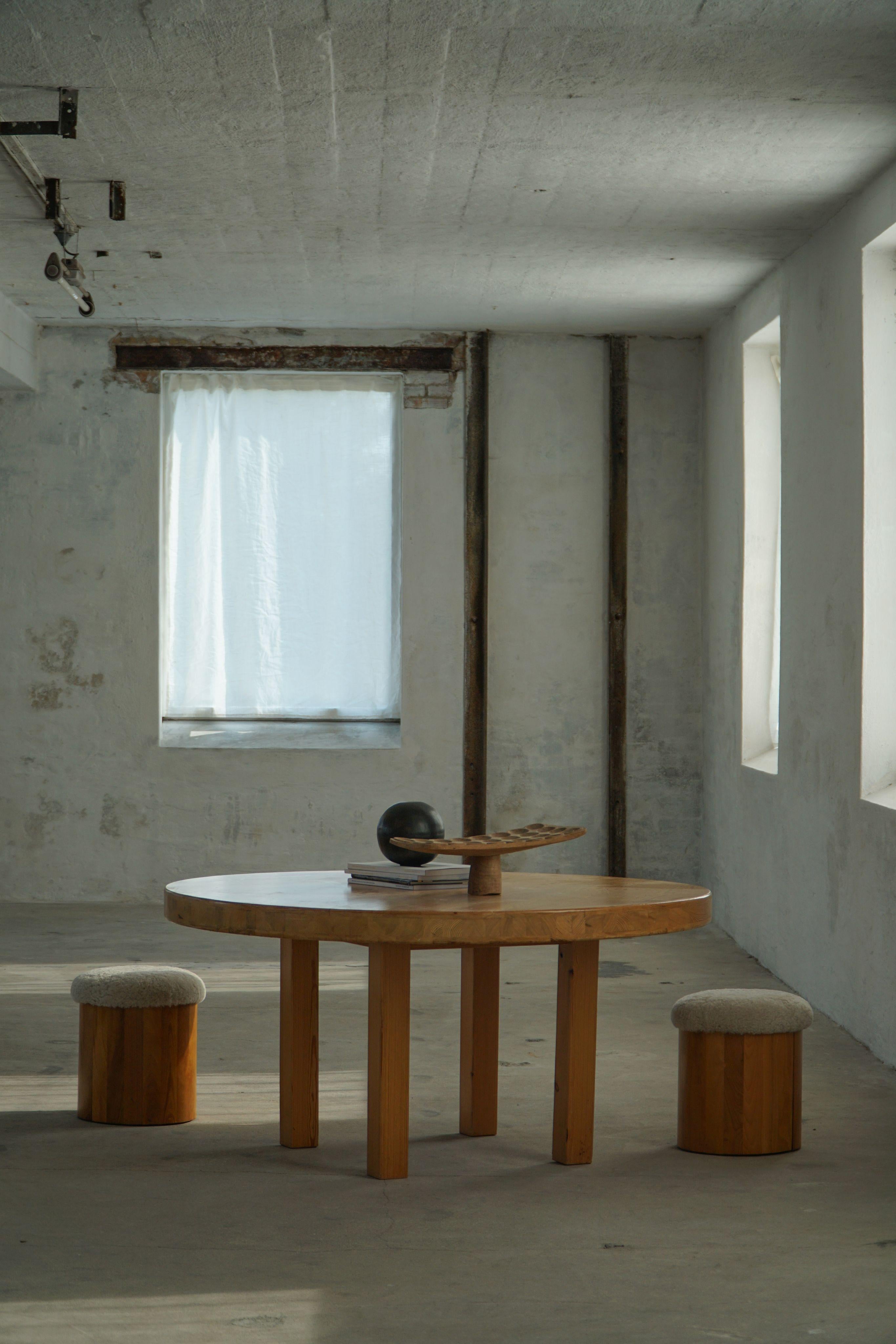 Pair of Scandinavian Modern Wooden Stools with Lambswool Seats, Mid-20th Century For Sale 5