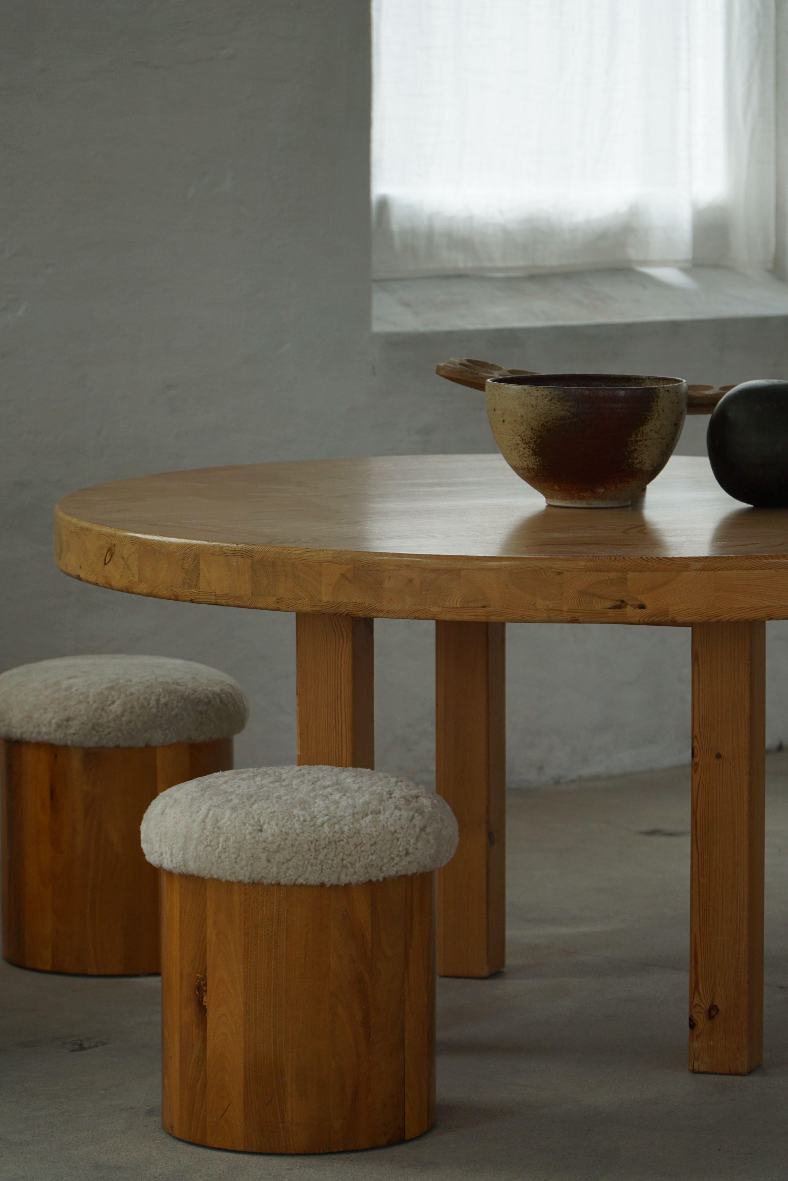 Pair of Scandinavian Modern Wooden Stools with Lambswool Seats, Mid-20th Century For Sale 7