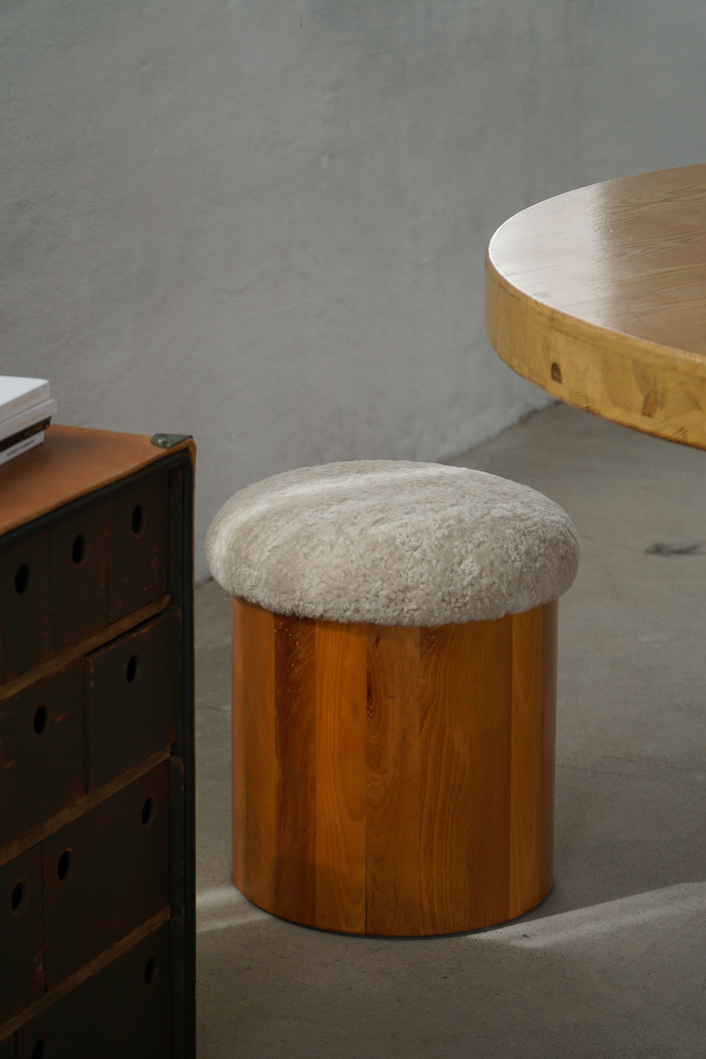 Pair of Scandinavian Modern Wooden Stools with Lambswool Seats, Mid-20th Century For Sale 8