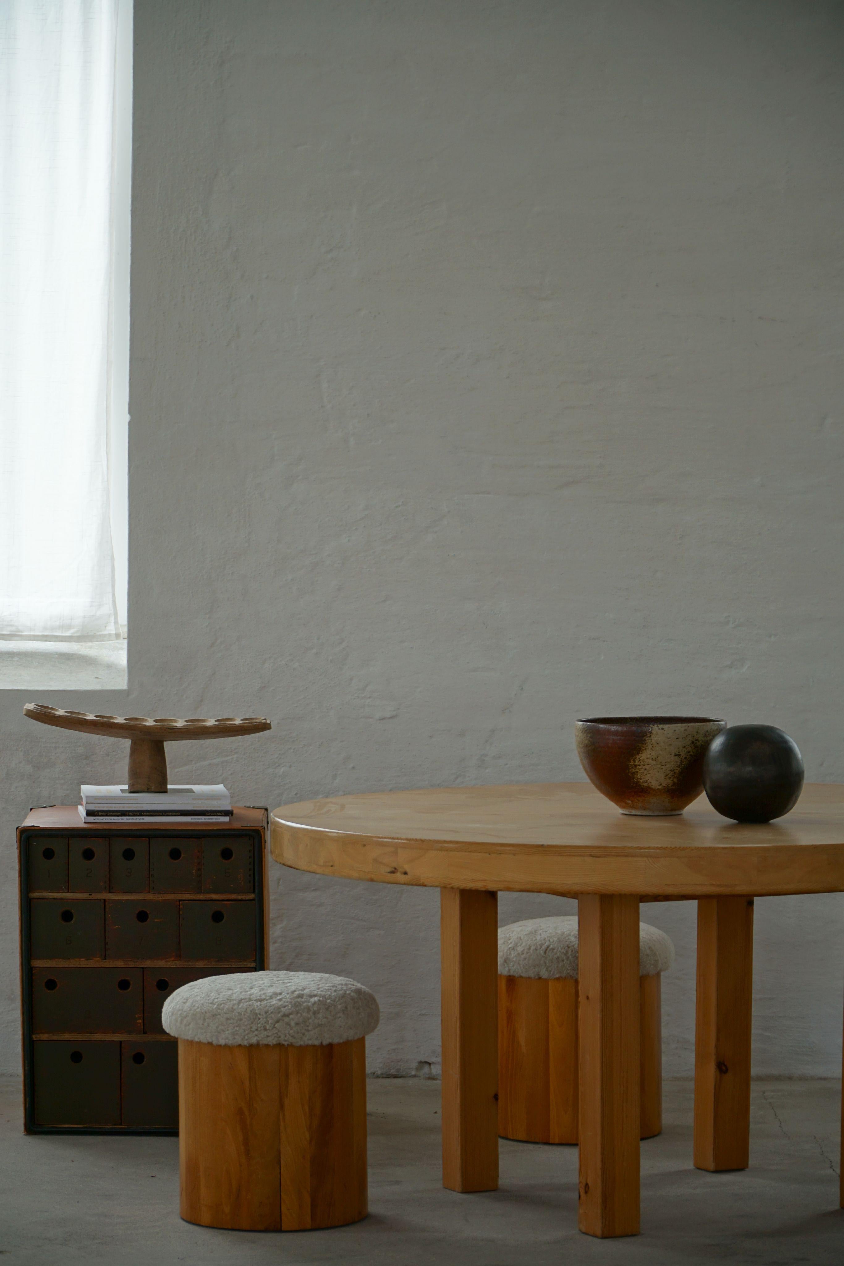 Pair of Scandinavian Modern Wooden Stools with Lambswool Seats, Mid-20th Century For Sale 9