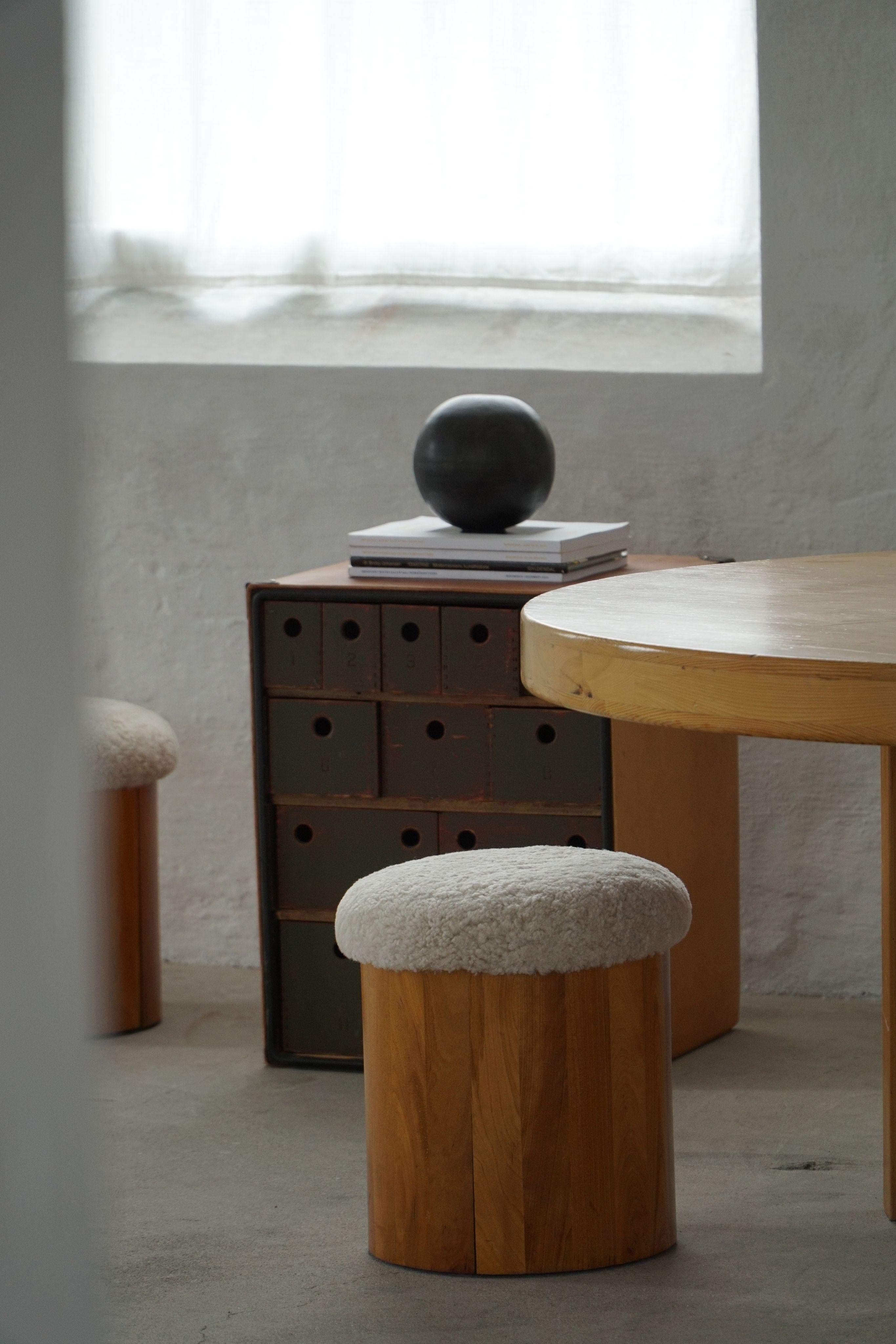 Pair of Scandinavian Modern Wooden Stools with Lambswool Seats, Mid-20th Century For Sale 10