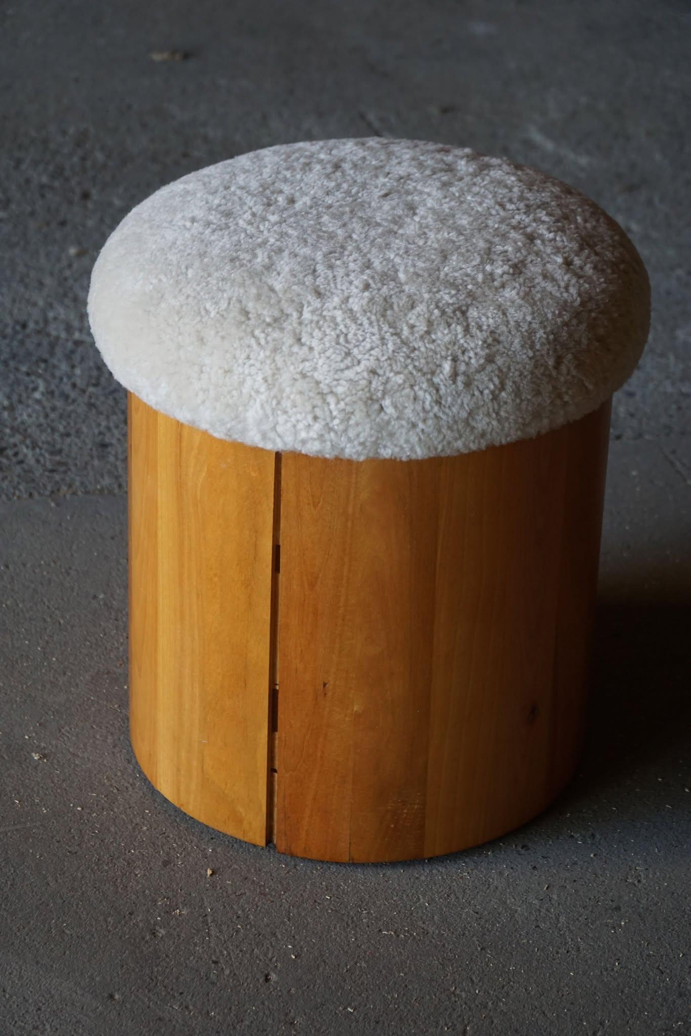 Pair of Scandinavian Modern Wooden Stools with Lambswool Seats, Mid-20th Century For Sale 11