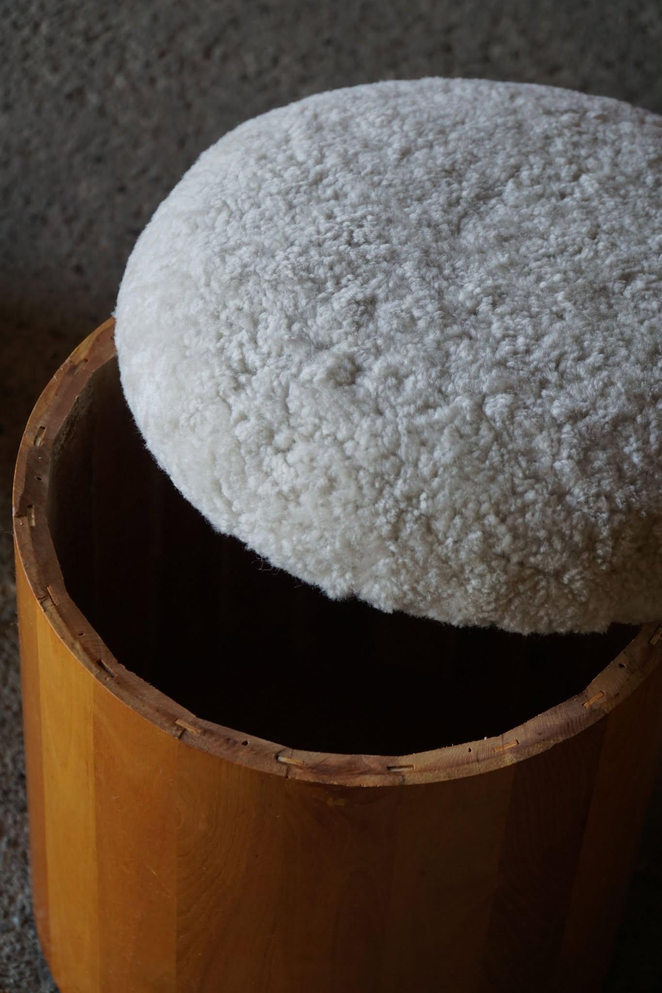 Pair of Scandinavian Modern Wooden Stools with Lambswool Seats, Mid-20th Century For Sale 12