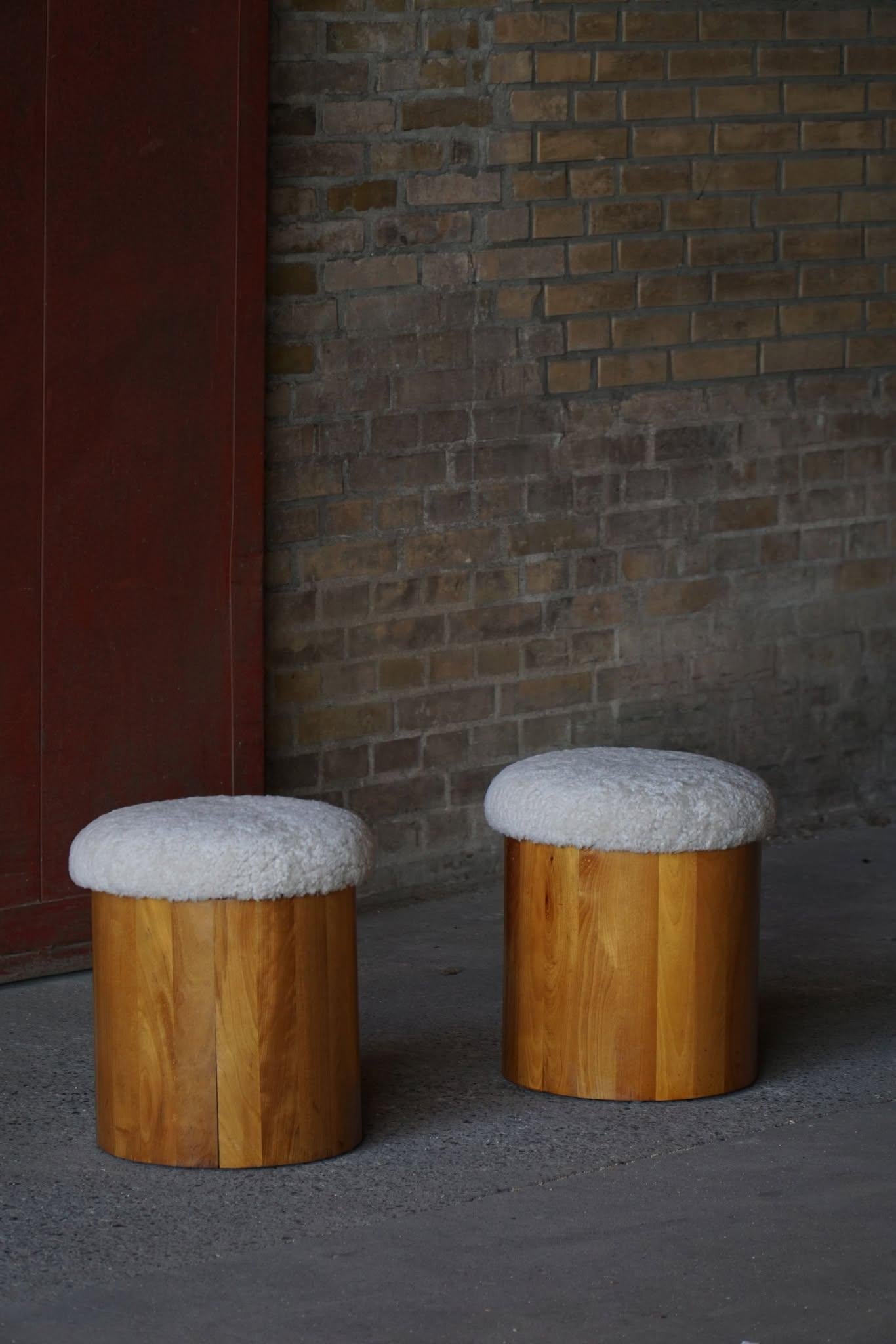Pair of Scandinavian Modern Wooden Stools with Lambswool Seats, Mid-20th Century For Sale 13