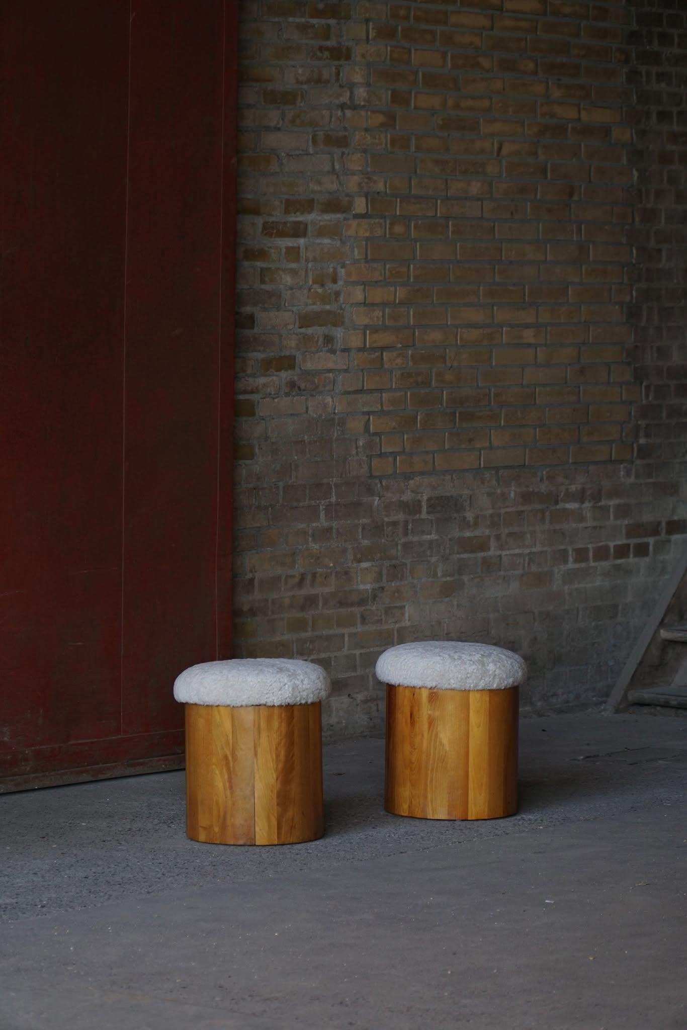 Swedish Pair of Scandinavian Modern Wooden Stools with Lambswool Seats, Mid-20th Century For Sale
