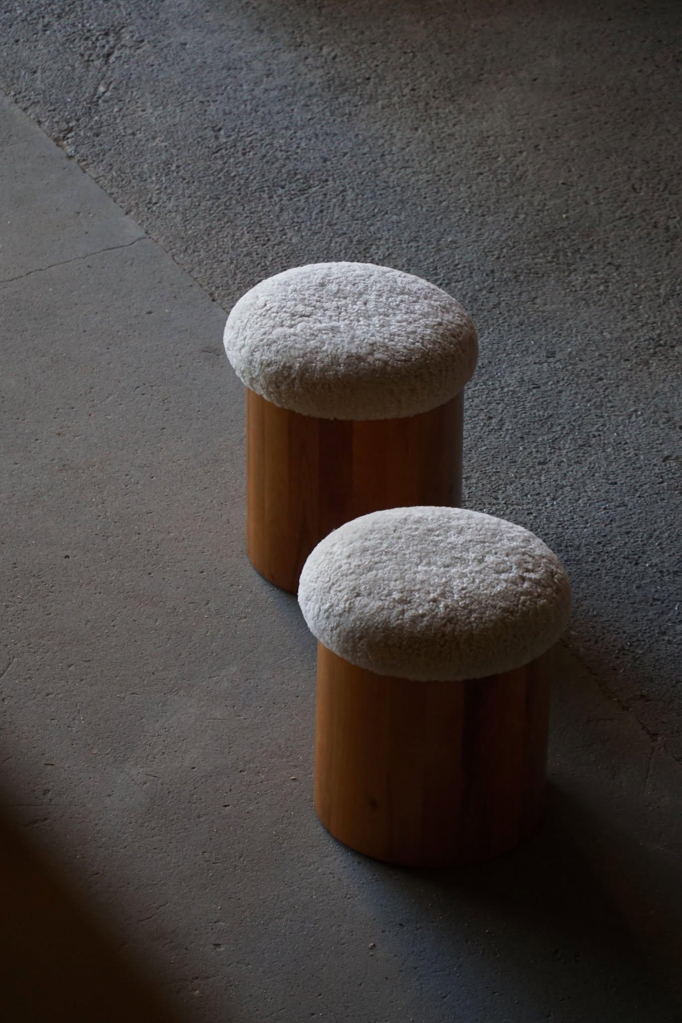Lambskin Pair of Scandinavian Modern Wooden Stools with Lambswool Seats, Mid-20th Century For Sale