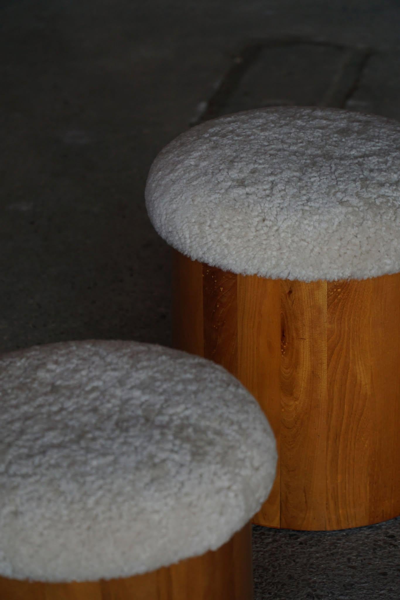 Pair of Scandinavian Modern Wooden Stools with Lambswool Seats, Mid-20th Century For Sale 1