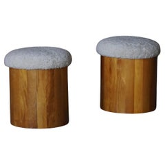 Pair of Scandinavian Modern Wooden Stools with Lambswool Seats, Mid-20th Century