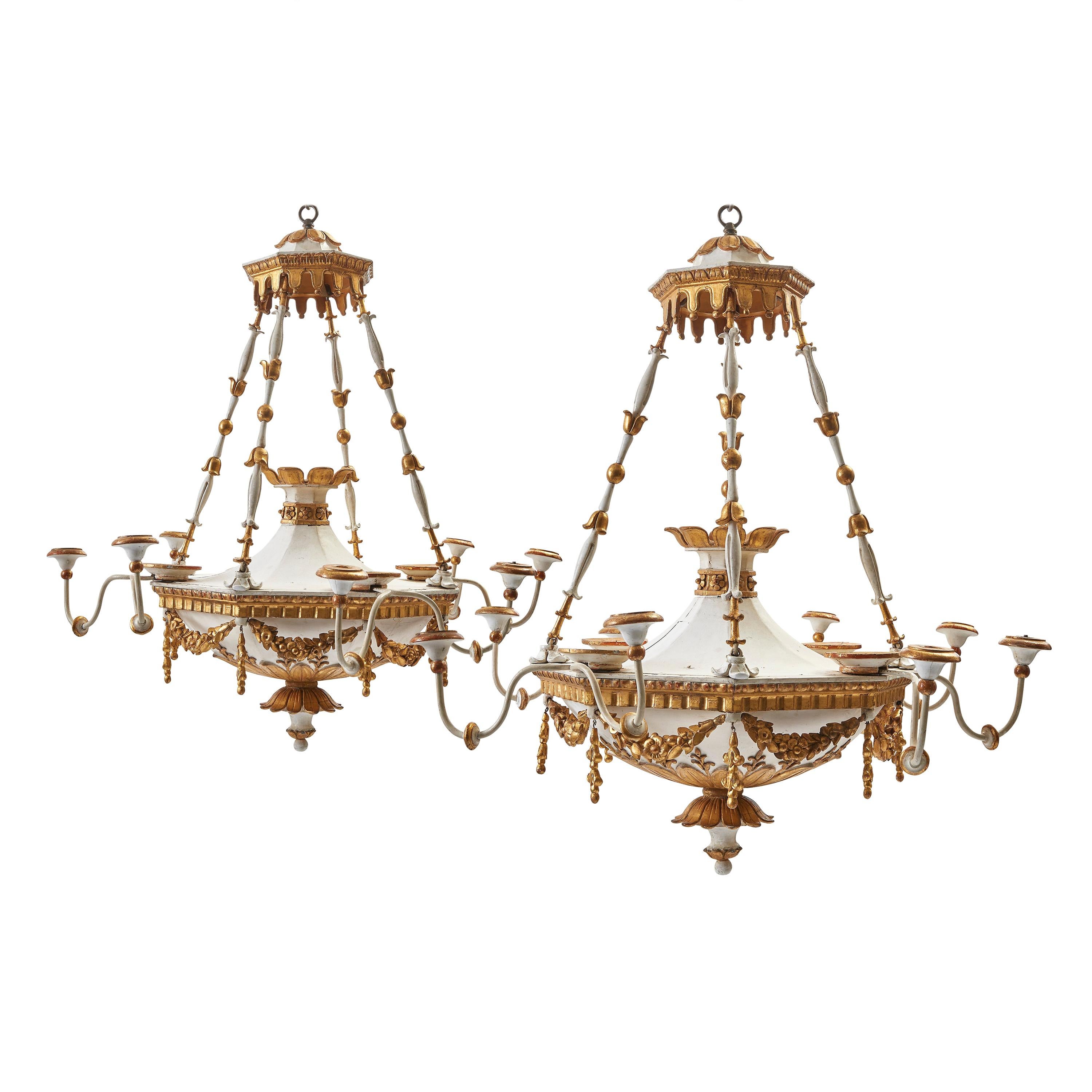 Pair of Scandinavian Neoclassical Gilt and Painted Chandeliers, circa 1810