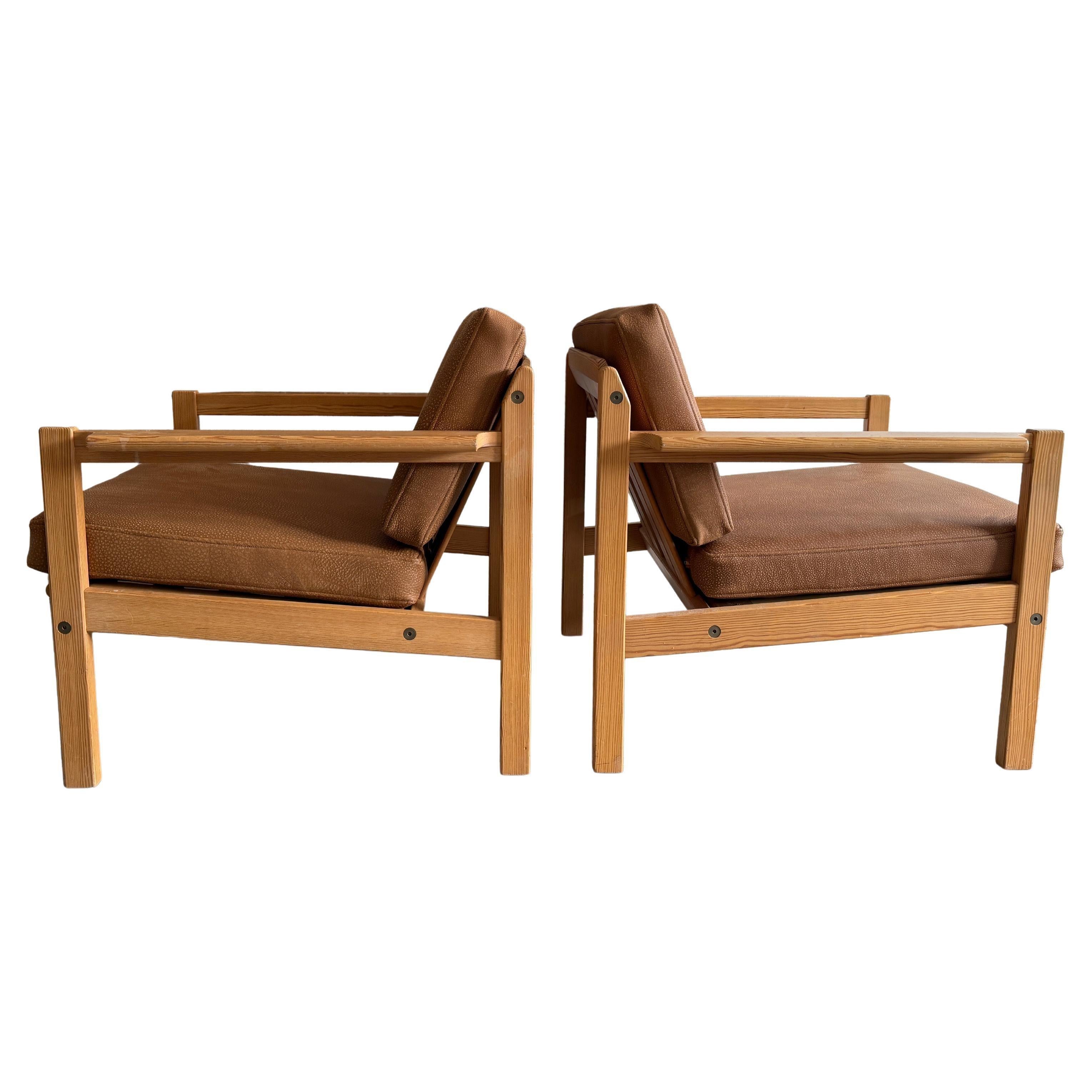 Pair of Scandinavian Pine Arm Chairs Lounge Chairs by Bruksbo Made in Norway