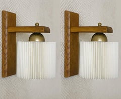Pair of Scandinavian Pine Wood Wall Sconces with Pleated Shades, Denmark, 1960s
