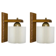Pair of Scandinavian Pine Wood Wall Sconces with Pleated Shades, Denmark, 1960s