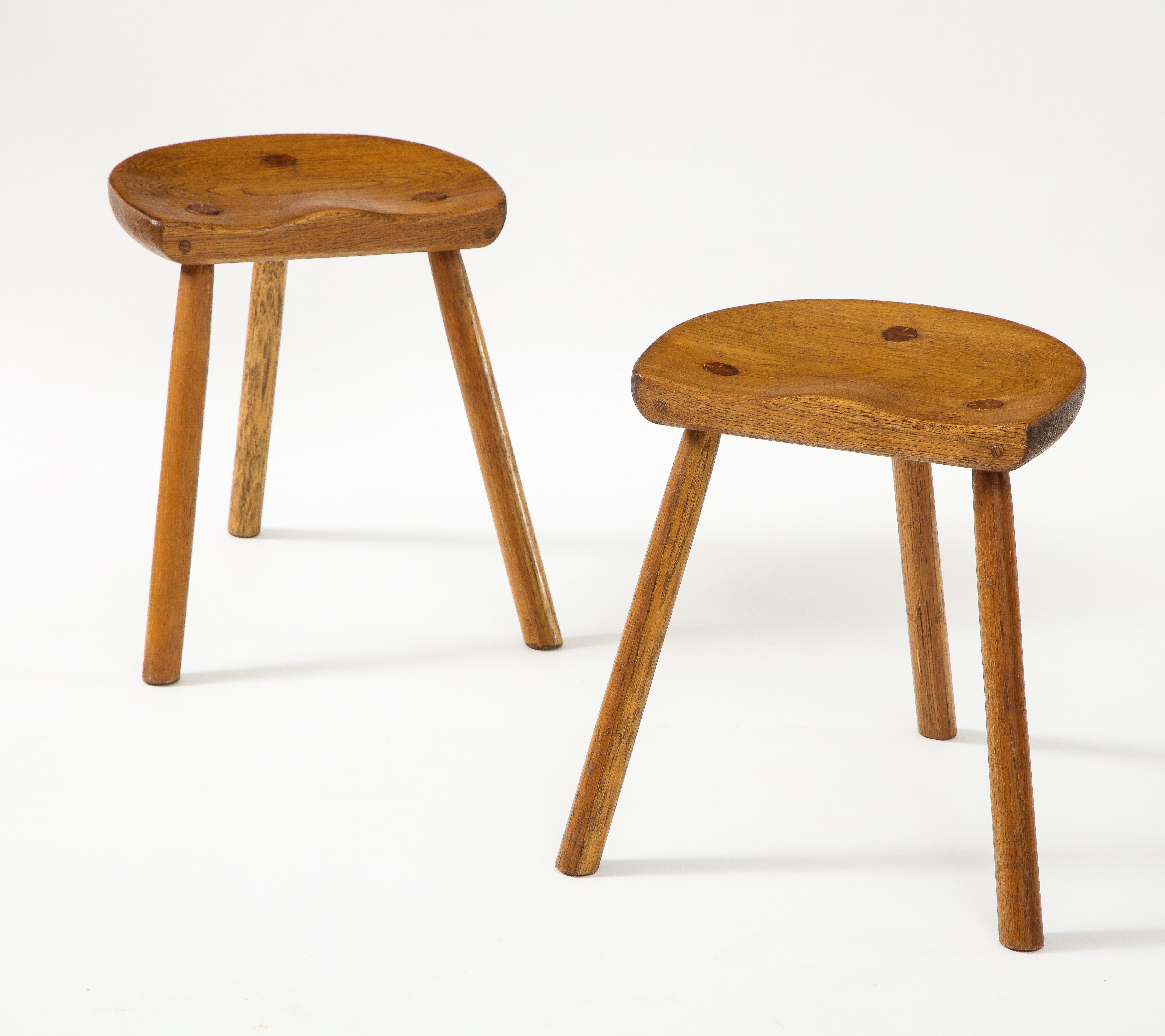 Pair of Scandinavian (possibly French) 'Seat' tripod stools, 1950's
Oak, fine construction details
Measures: H: 16 D seat: 10 W seat: 13, legs at base are apart 15.5-18 in.