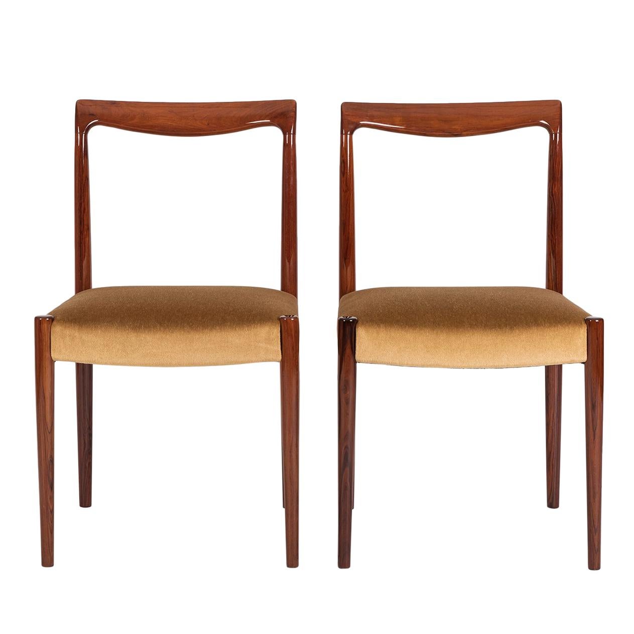 Pair of Scandinavian Rose Wood Dining Chairs in Camel Mohair Velvet, 1970 For Sale