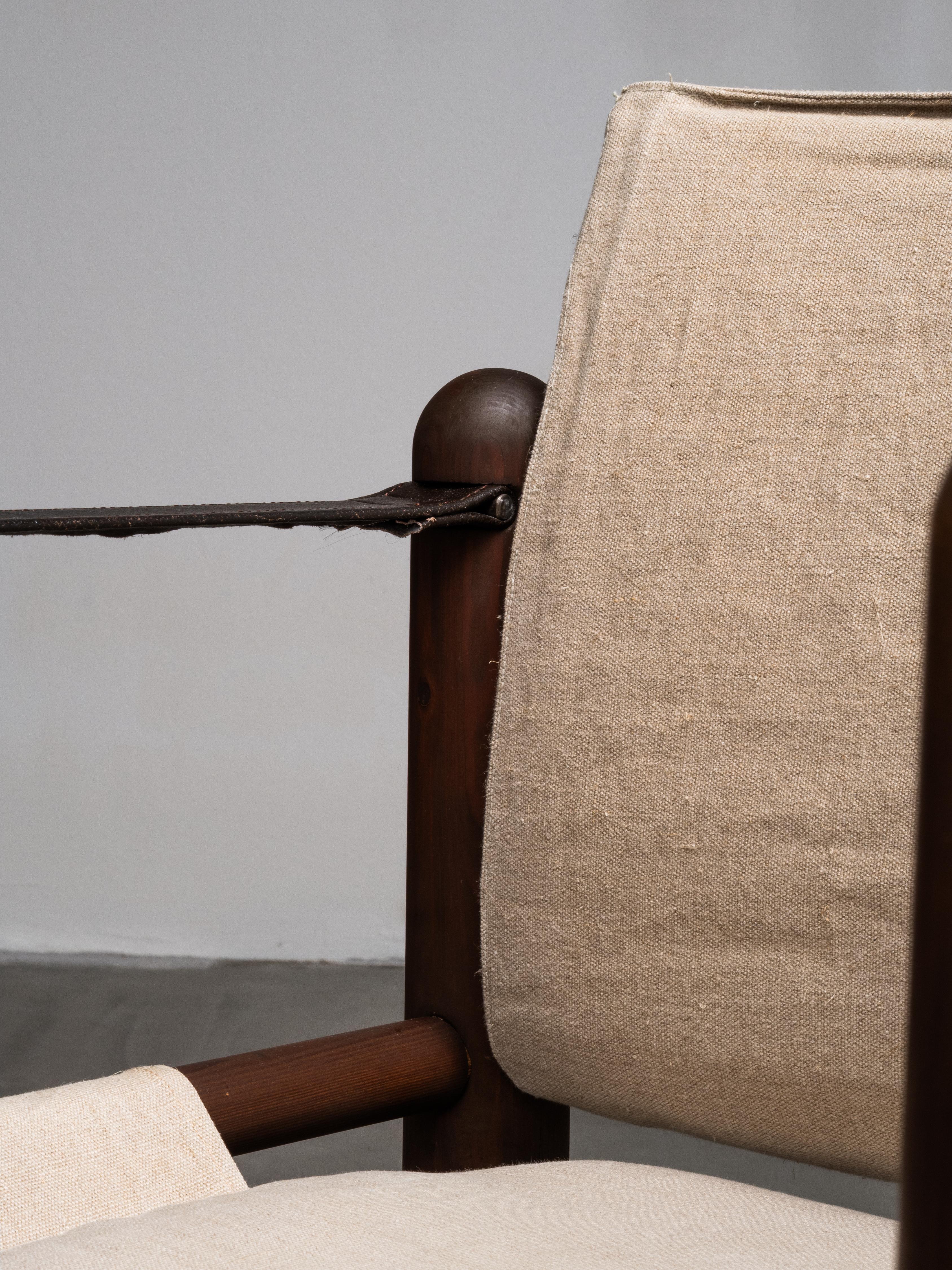 Pair of Scandinavian Safari Chairs in Stained Pine and Linen, 1970s en vente 3