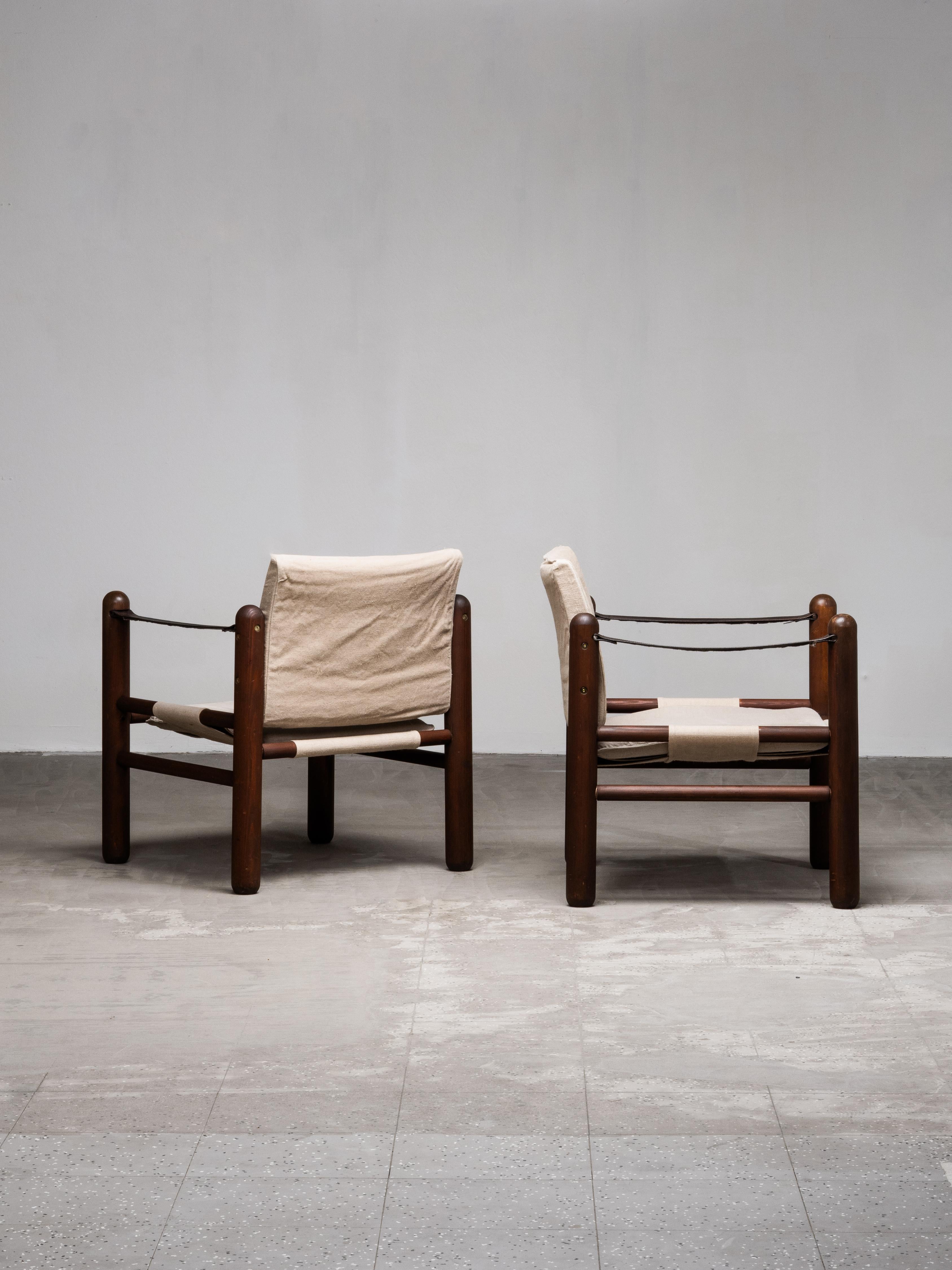Pair of Scandinavian Safari Chairs in Stained Pine and Linen, 1970s en vente 4