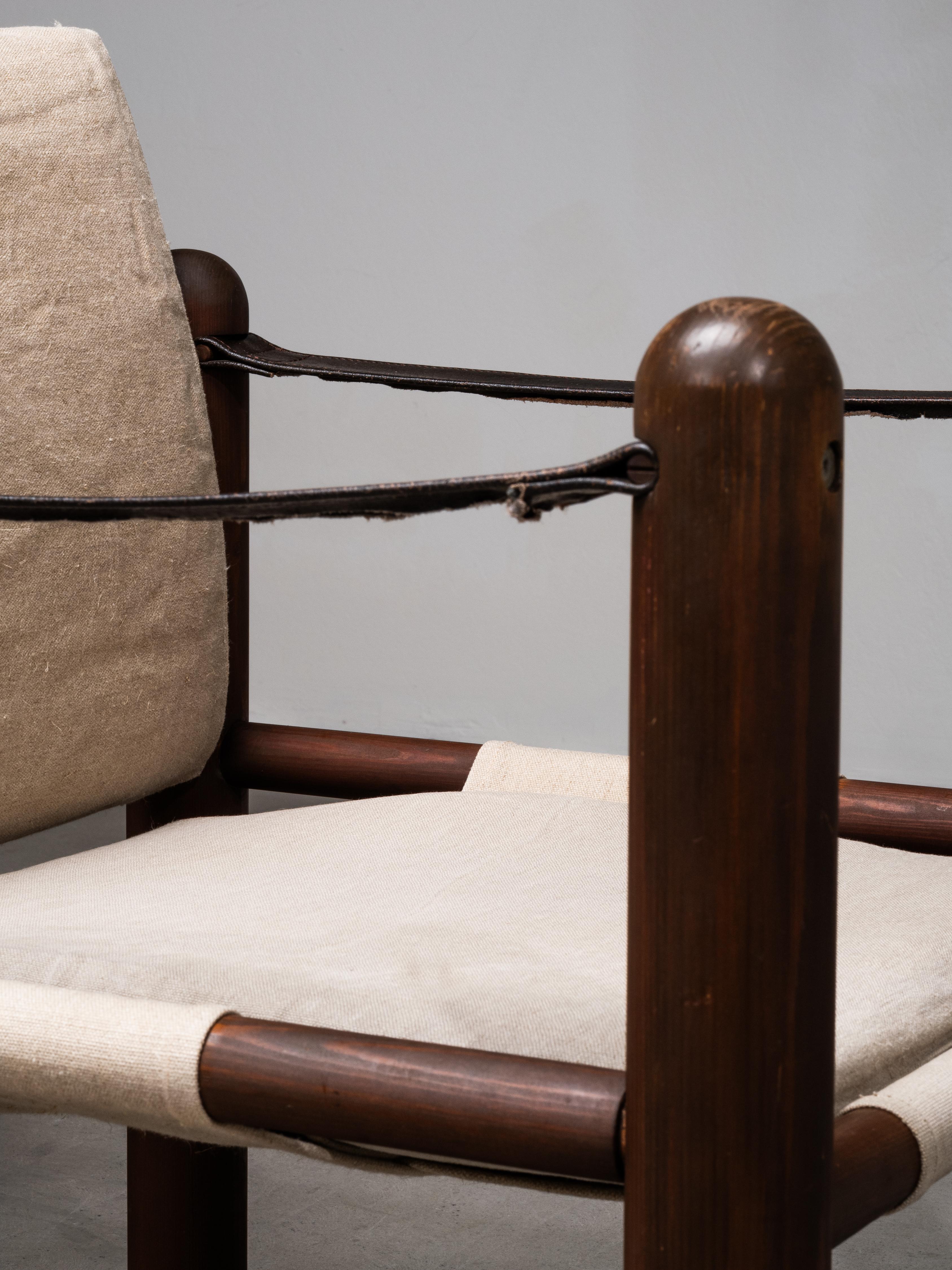 Pair of Scandinavian Safari Chairs in Stained Pine and Linen, 1970s en vente 11