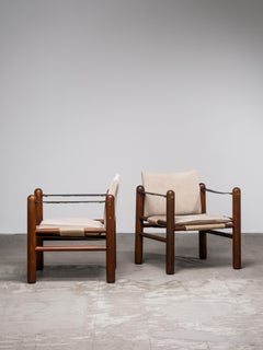 Paire de chaises Safari scandinaves en pin teinté et lin, 1970
