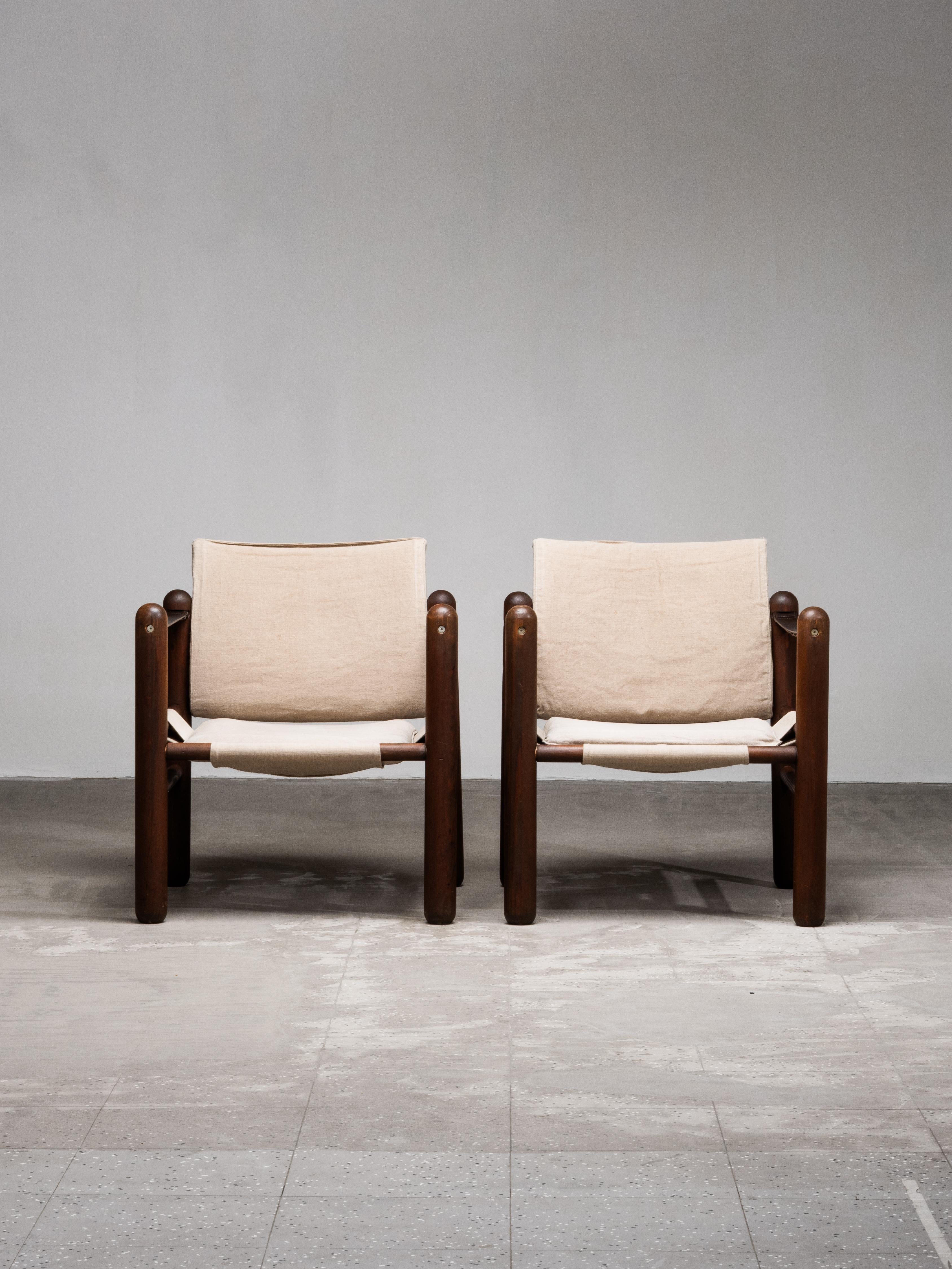 Pair of Scandinavian Safari Chairs in Stained Pine and Linen, 1970s en vente 13