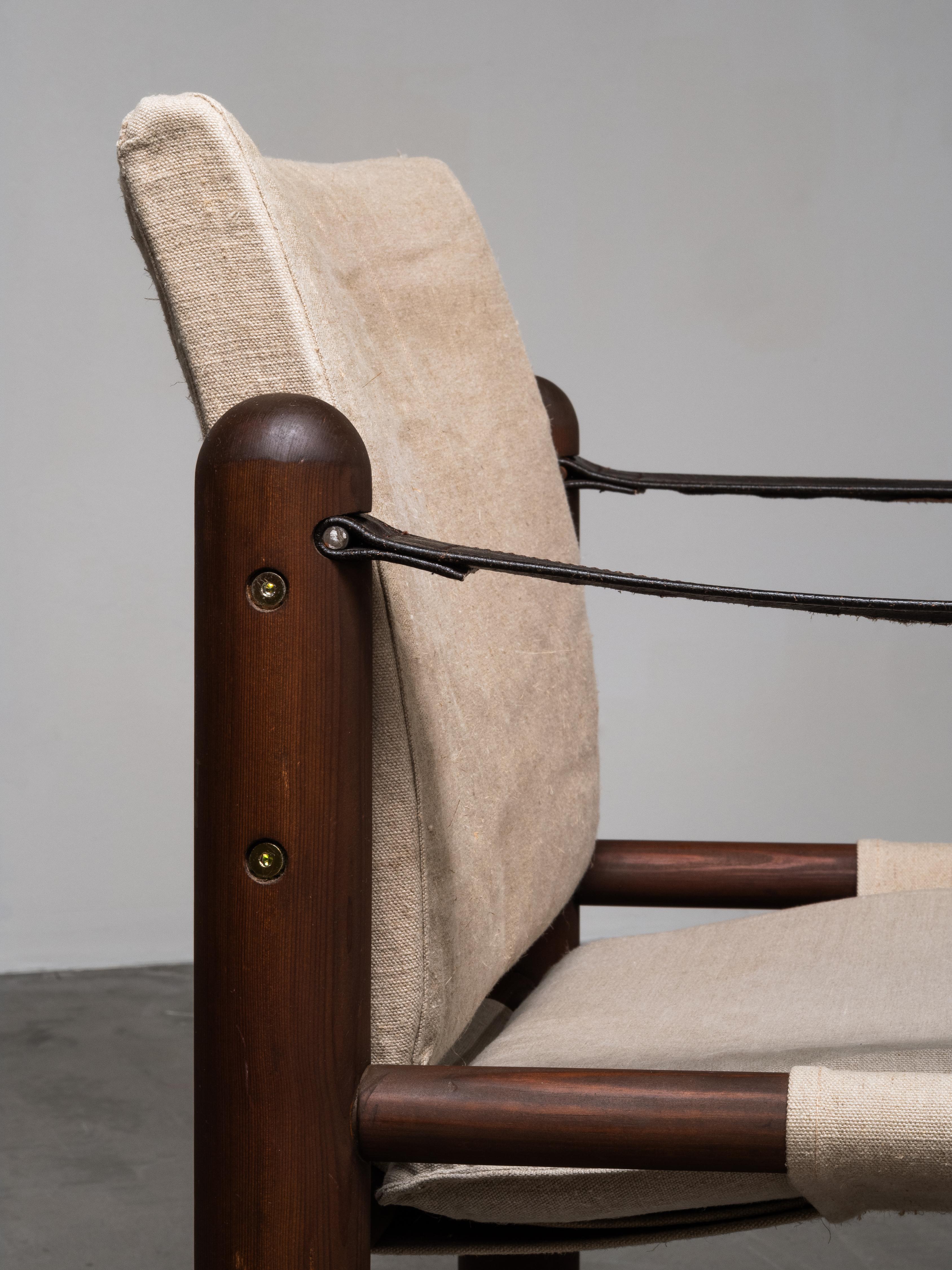 Pair of Scandinavian Safari Chairs in Stained Pine and Linen, 1970s en vente 1