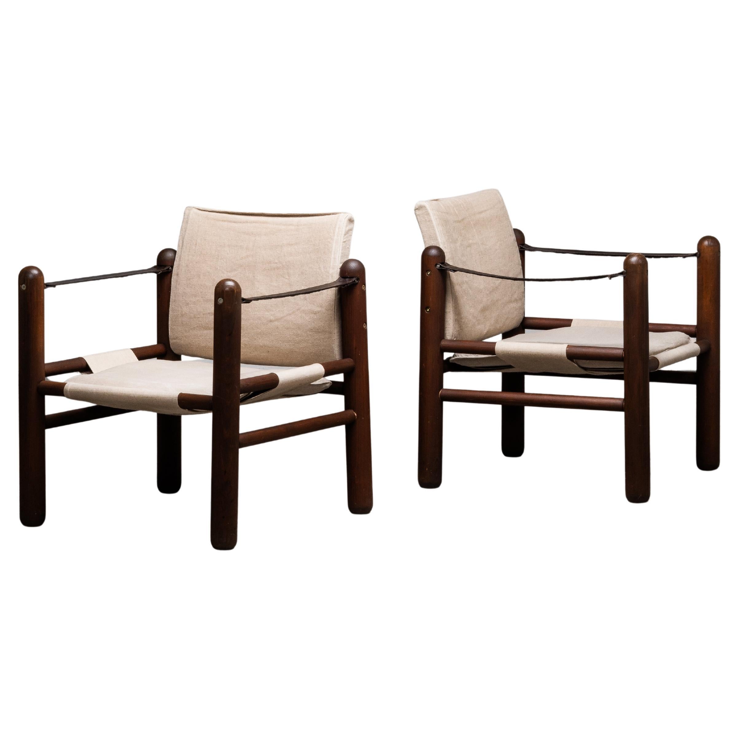 Pair of Scandinavian Safari Chairs in Stained Pine and Linen, 1970s