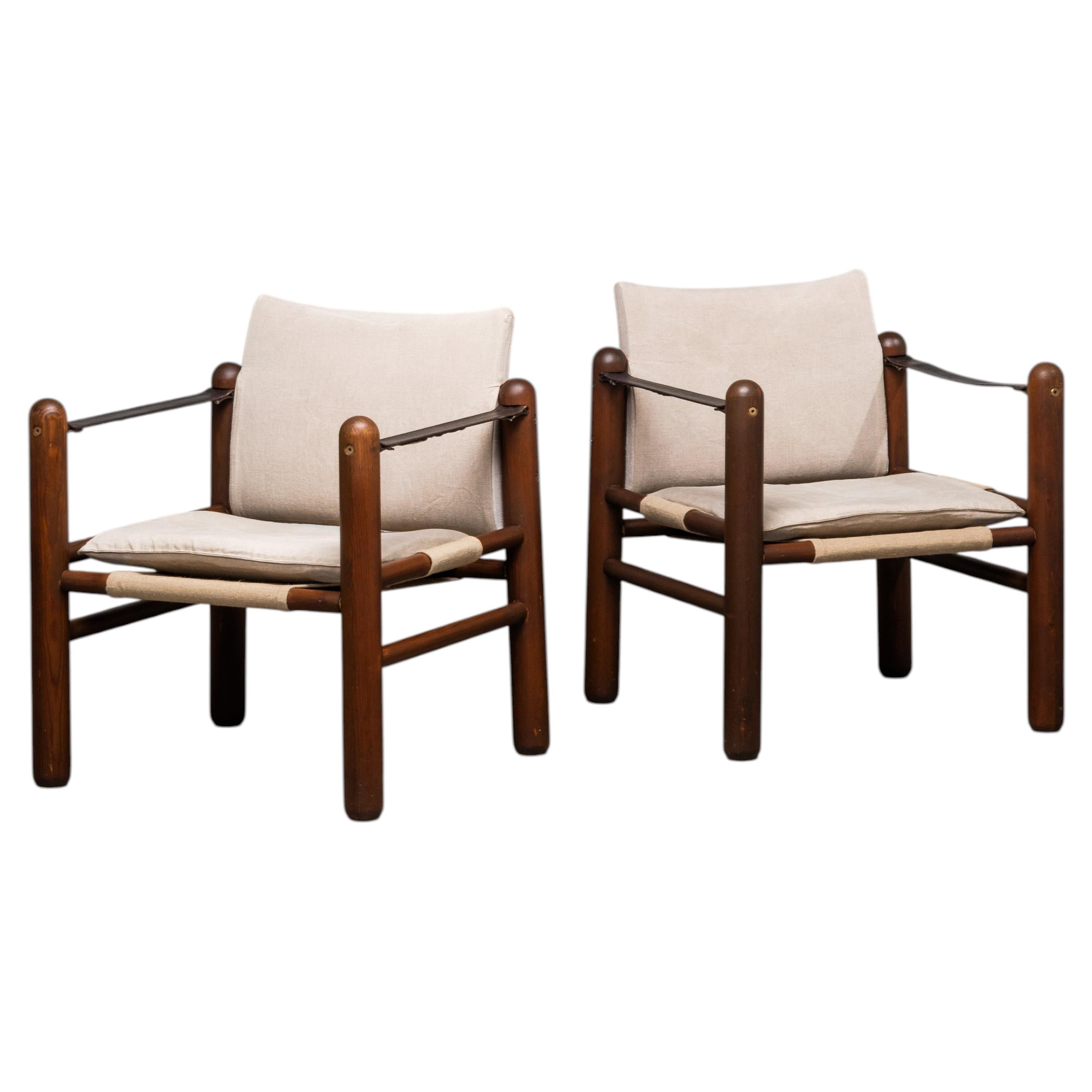 Pair of Scandinavian Safari Chairs in Stained Pine and Linen, 1970s