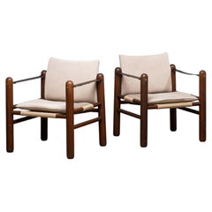 Paire de chaises Safari scandinaves en pin teinté et lin, 1970
