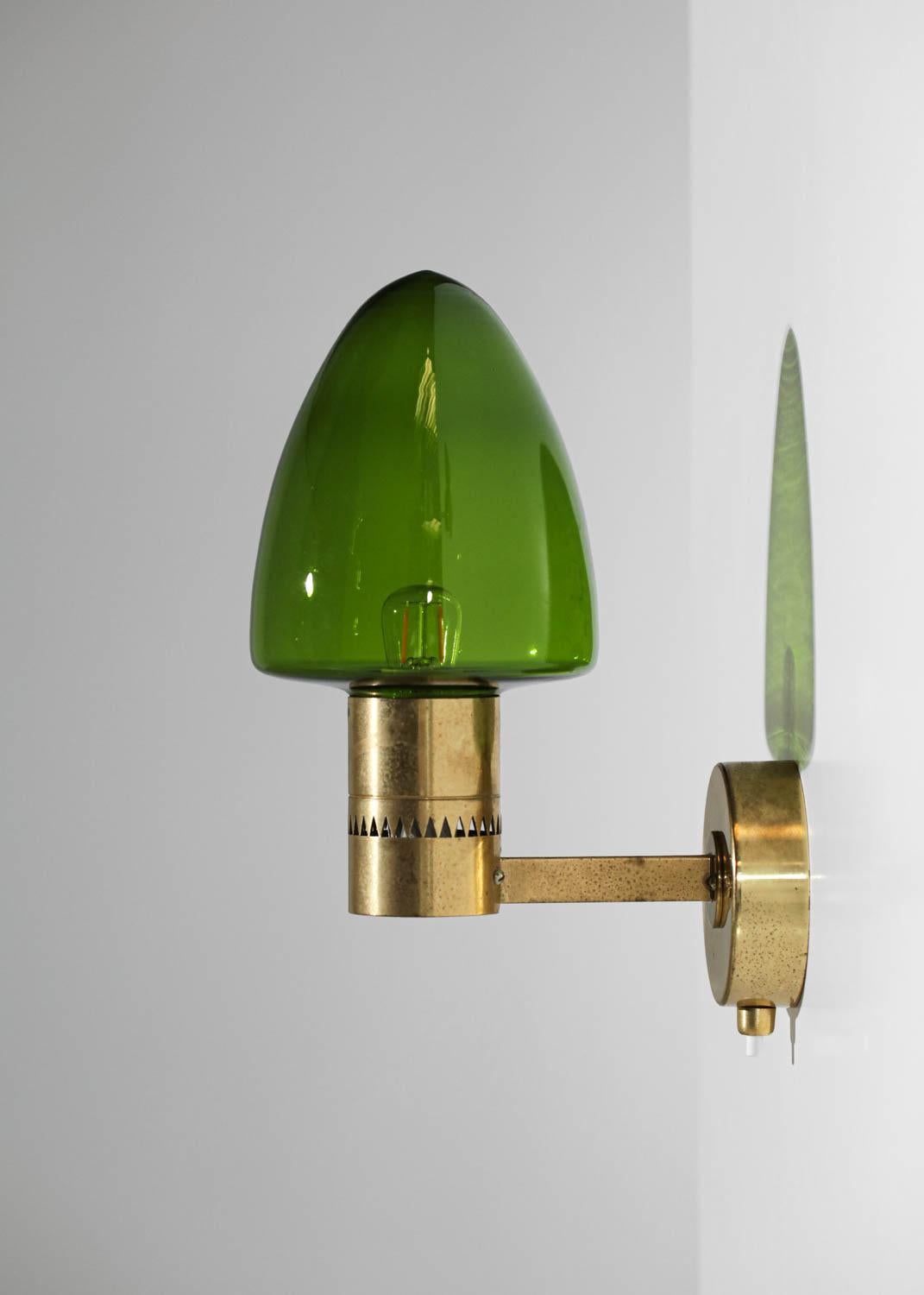 Mid-Century Modern Pair of Scandinavian sconces Hans Agne Jakobsson 50s brass green globes - G399