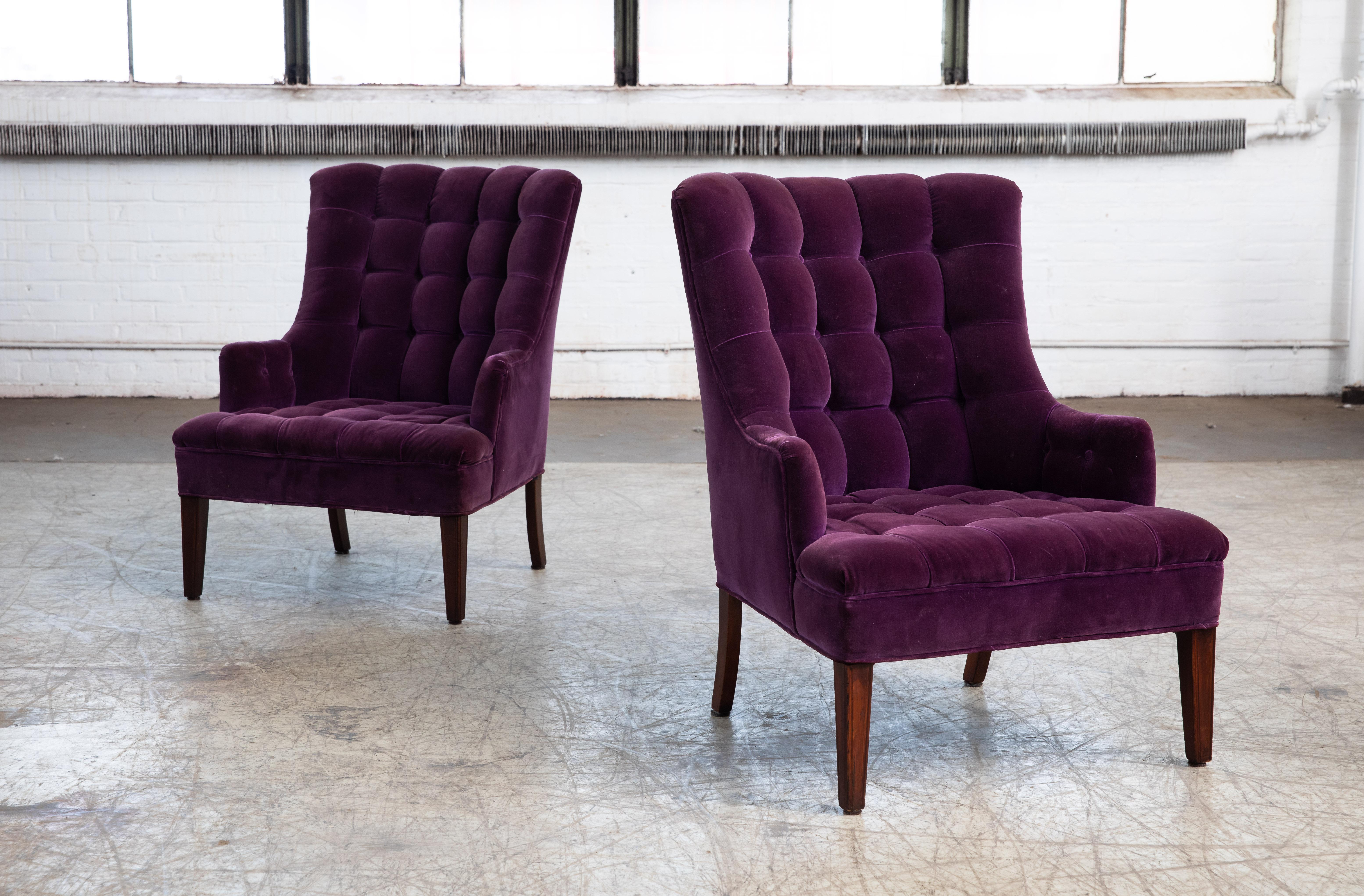 Very charming pair of slipper chairs in traditional midcentury Scandinavian style. Upholstered at a later point in a purple velvet that remains in very good condition. Relatively light and versatile with a good presence about them. Comfortable,