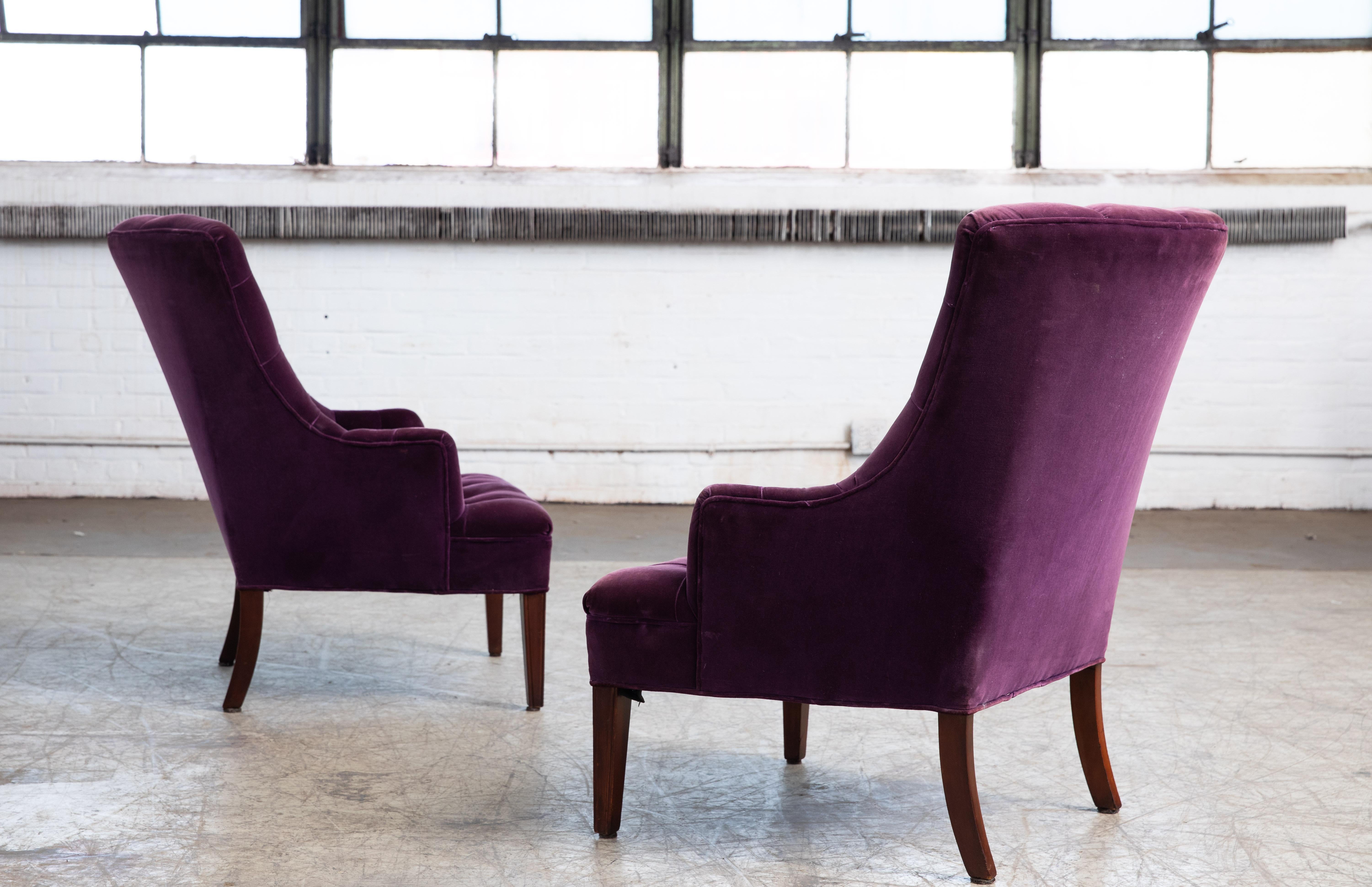 Swedish Pair of Scandinavian Slipper Chairs in Purple Velvet, circa 1950's