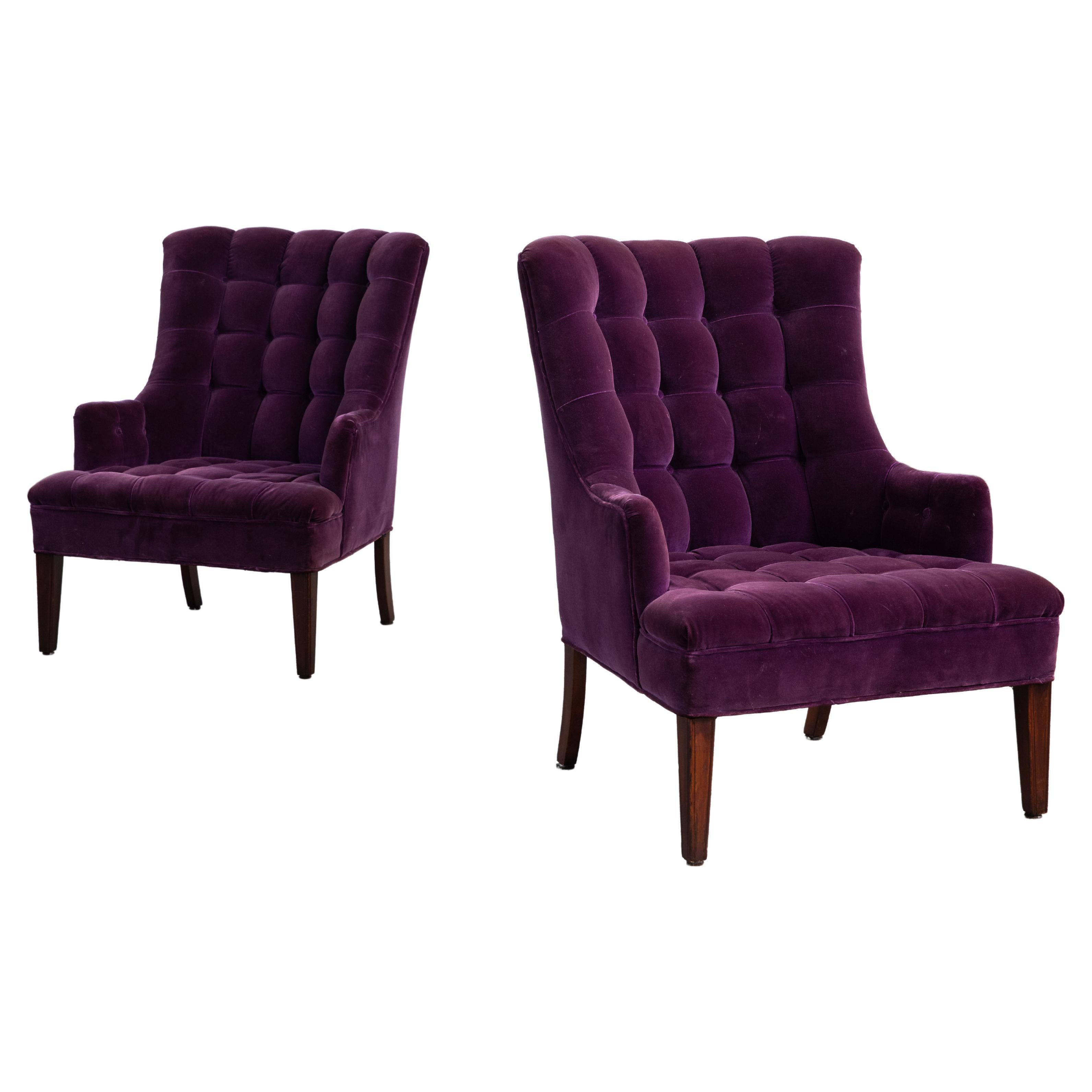 Pair of Scandinavian Slipper Chairs in Purple Velvet, circa 1950's