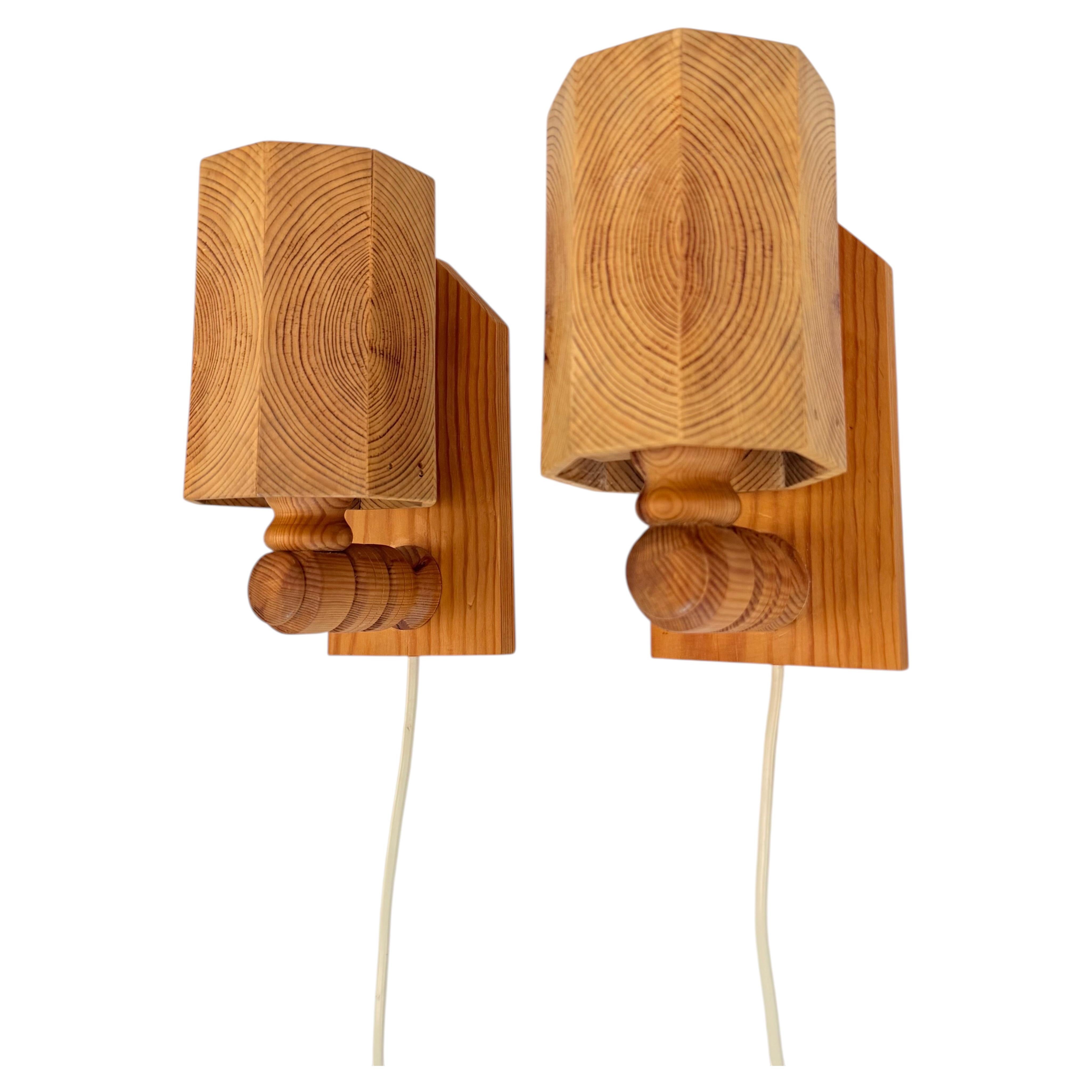 Pair of Scandinavian Solid Pine Wall Lamps, Sweden, 1980s