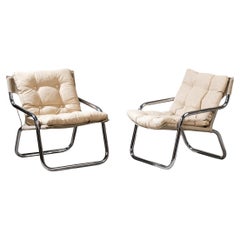 Pair of Scandinavian Tubular Chrome Steel and Linen Easy Chairs, 1970s