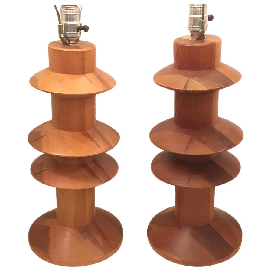 Pair of Scandinavian Turned Wood Lamps