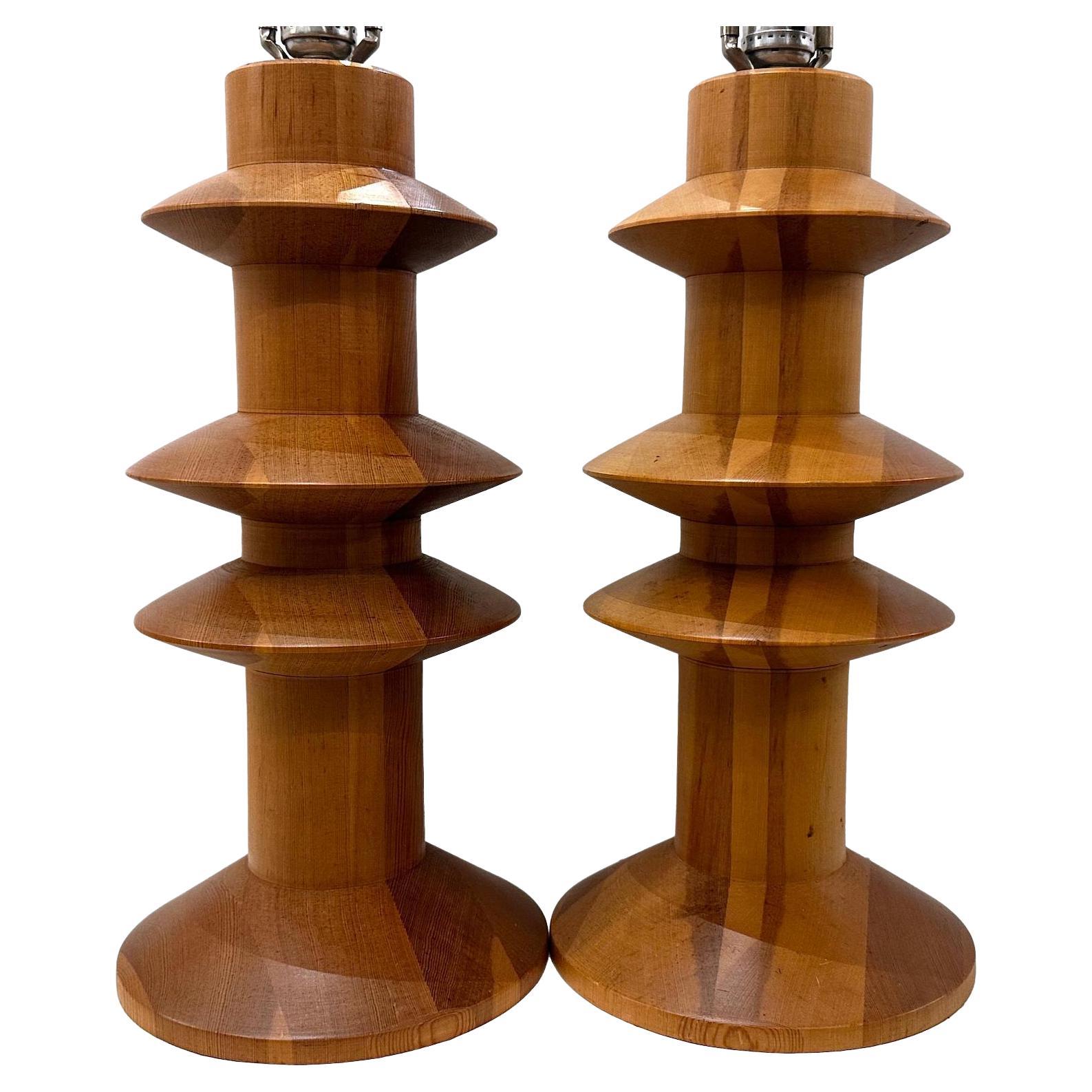Pair of Scandinavian Turned Wood Lamps For Sale