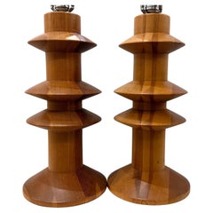 Vintage Pair of Scandinavian Turned Wood Lamps
