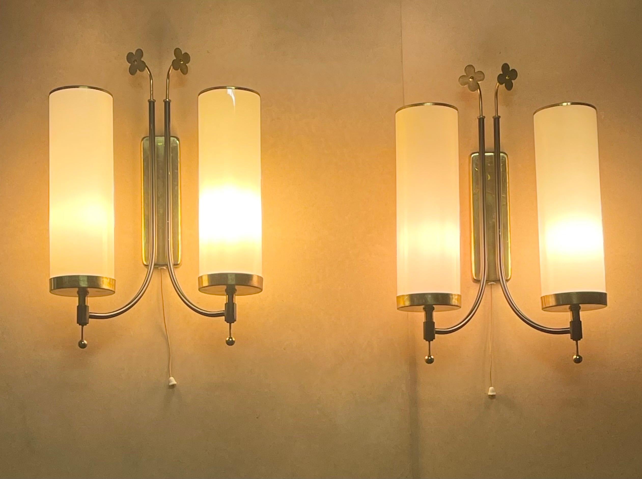 Pair of Scandinavian Tynell Style Opal Glass Tube and Brass Wall Sconces, 1940s For Sale 5