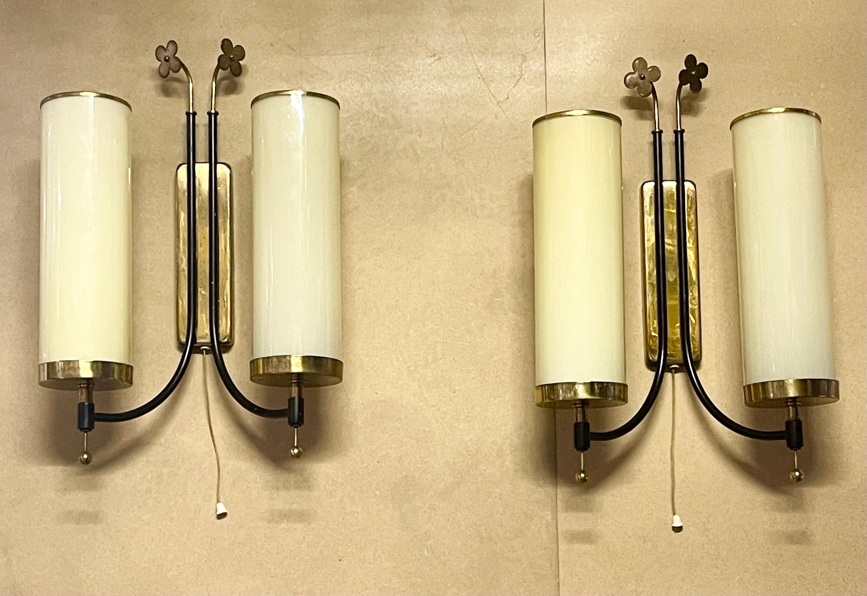 Art Deco Pair of Scandinavian Tynell Style Opal Glass Tube and Brass Wall Sconces, 1940s For Sale