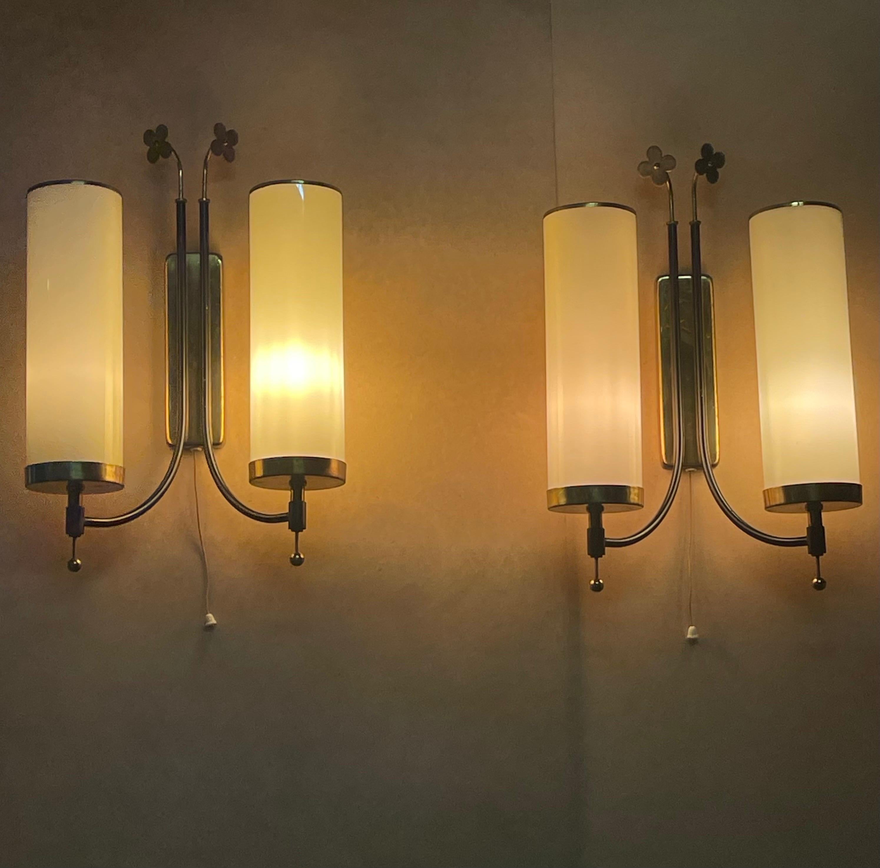 Lacquered Pair of Scandinavian Tynell Style Opal Glass Tube and Brass Wall Sconces, 1940s For Sale