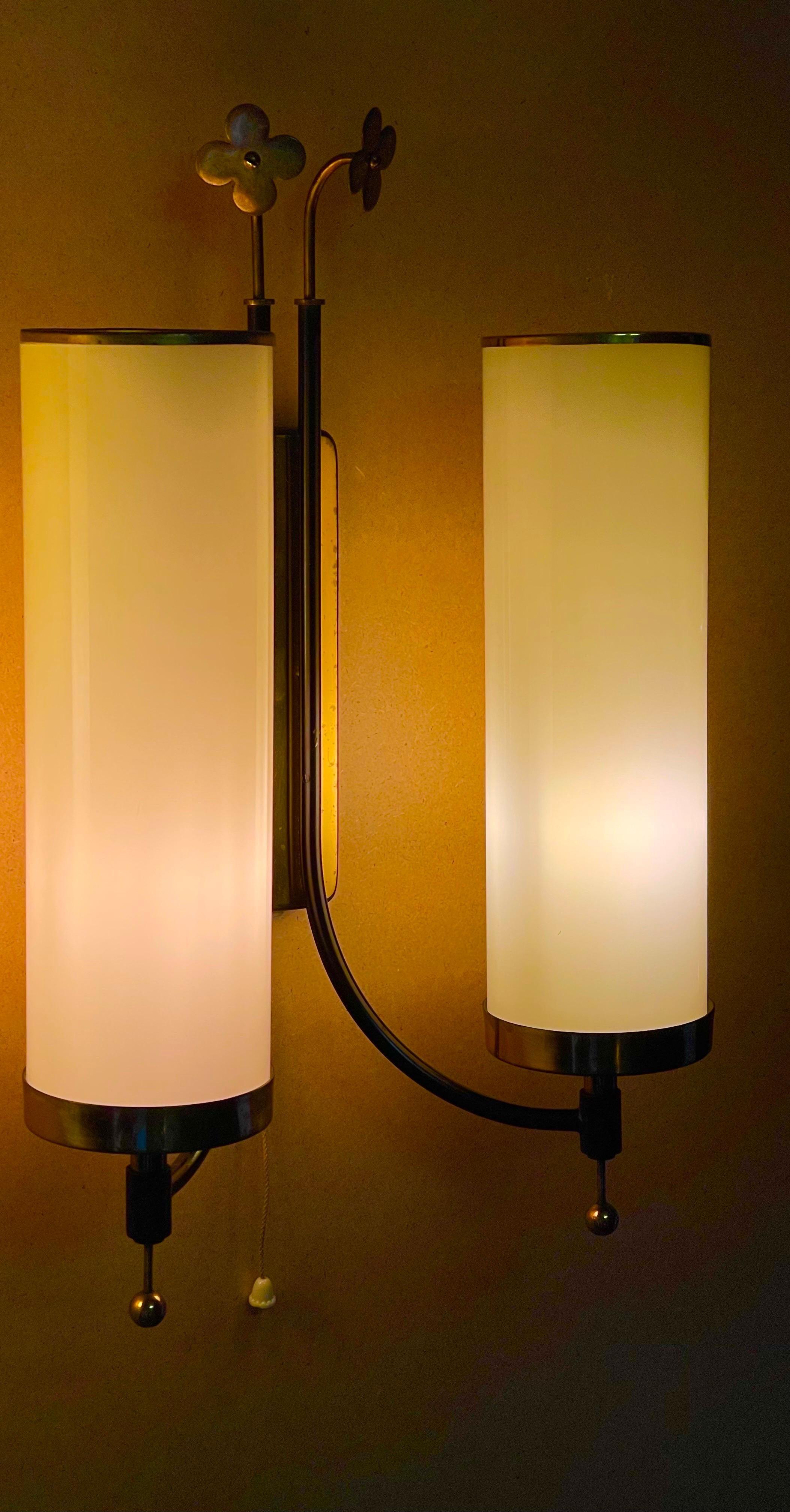 Mid-20th Century Pair of Scandinavian Tynell Style Opal Glass Tube and Brass Wall Sconces, 1940s For Sale