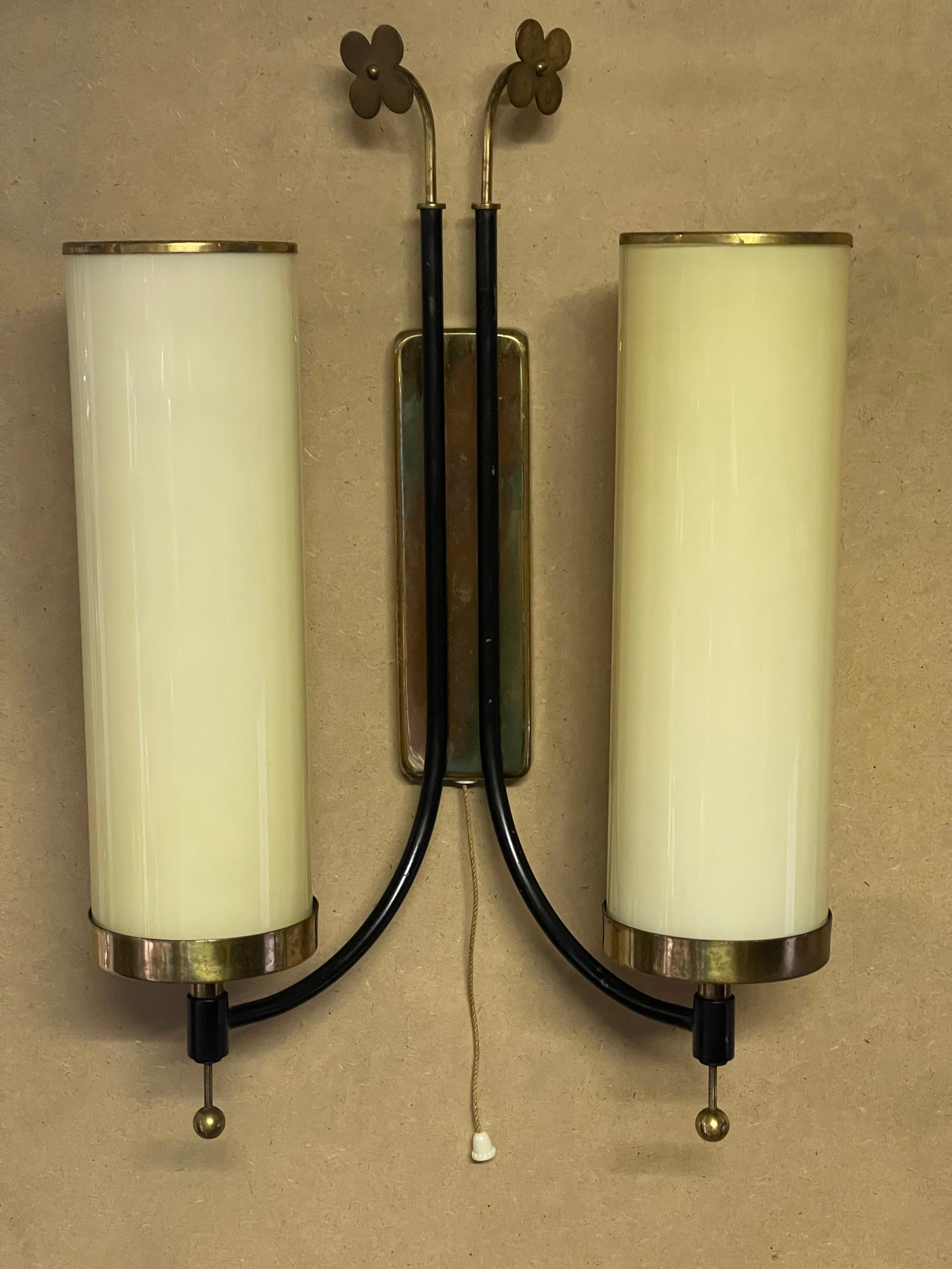 Pair of Scandinavian Tynell Style Opal Glass Tube and Brass Wall Sconces, 1940s For Sale 1