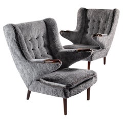 Pair of Scandinavian Vintage Lounge Grey Chairs EDA, Curly Shearling Upholstery