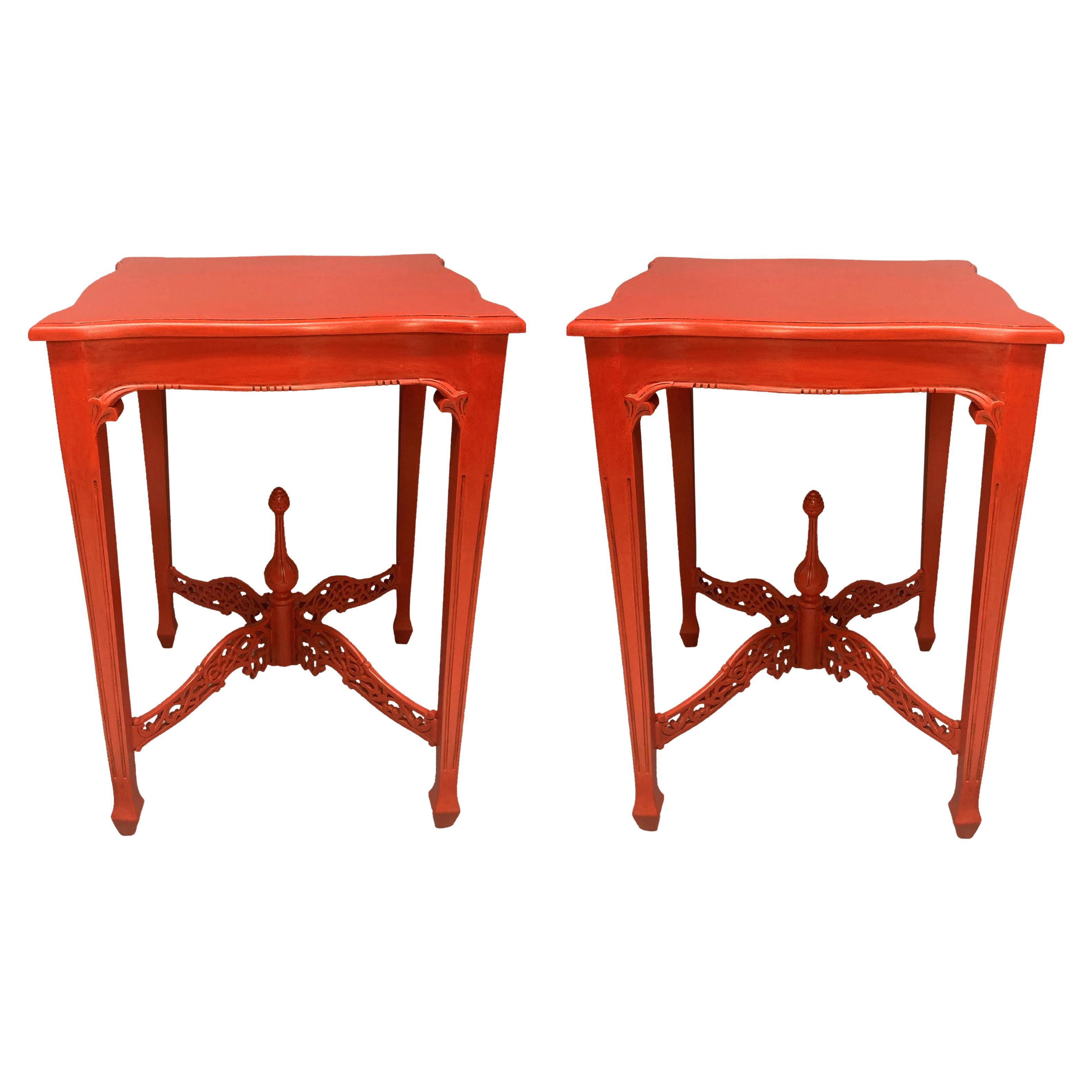 Pair Of Scarlet Chippendale Style Side Tables