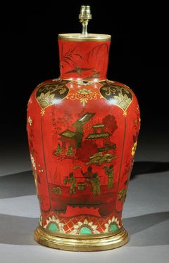 Pair of Scarlet Red Berlinware Chinoiserie 19th Century Table Lamps