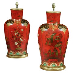 Pair of Scarlet Red Berlinware Chinoiserie 19th Century Table Lamps